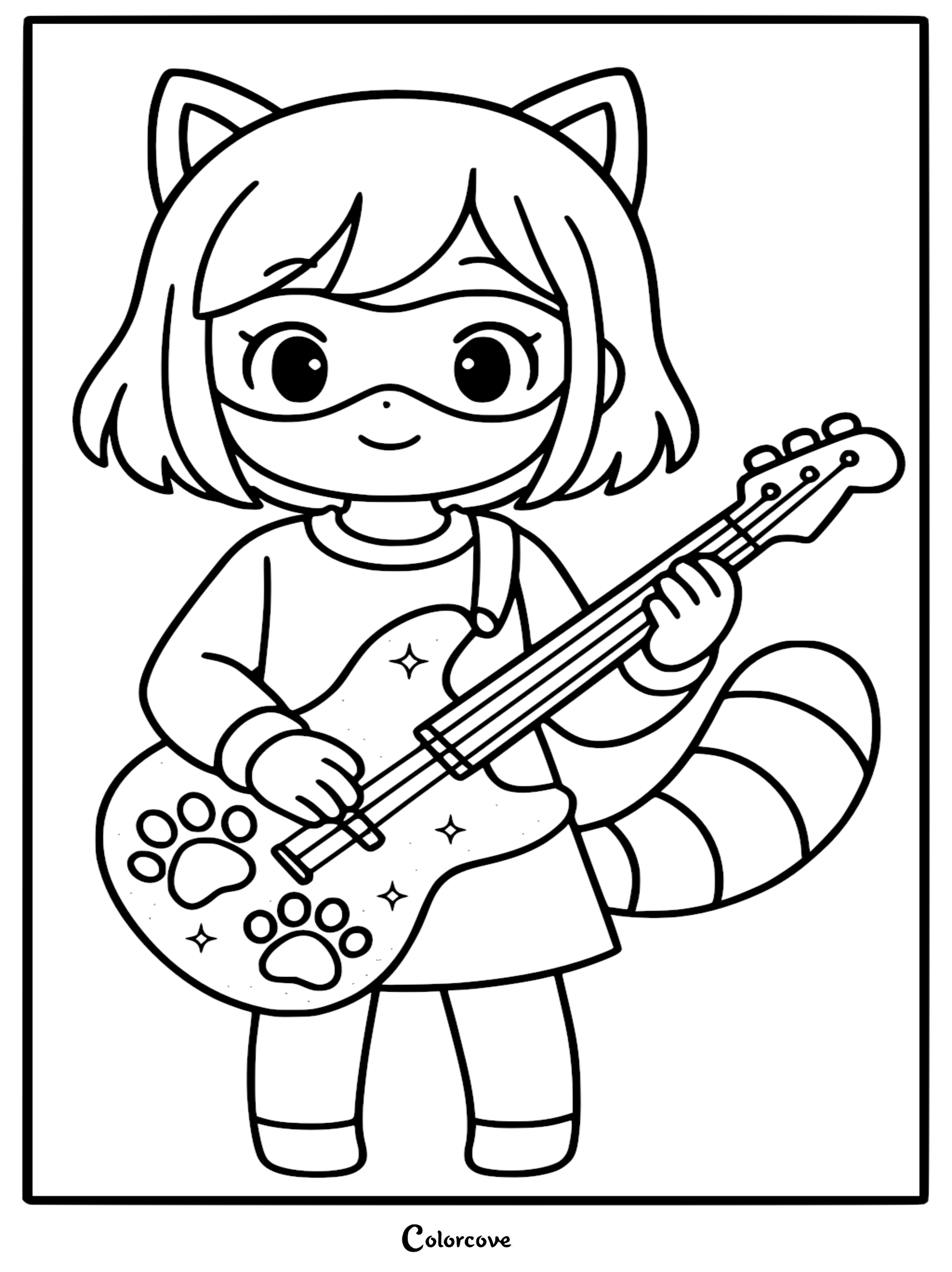 A cute chibi-style girl wearing a raccoon mask and striped tail plays an electric guitar with paw prints in this black and white coloring page.