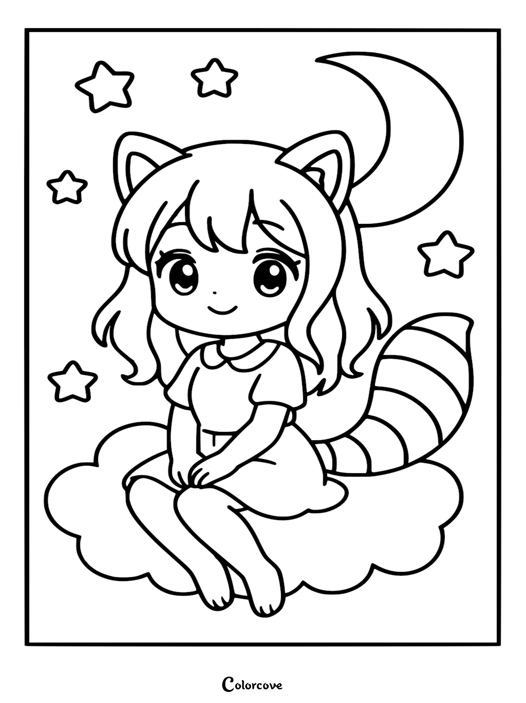 A cute anime-style raccoon girl with a striped tail and ears sitting on a fluffy cloud, surrounded by stars and a crescent moon, line art coloring page.