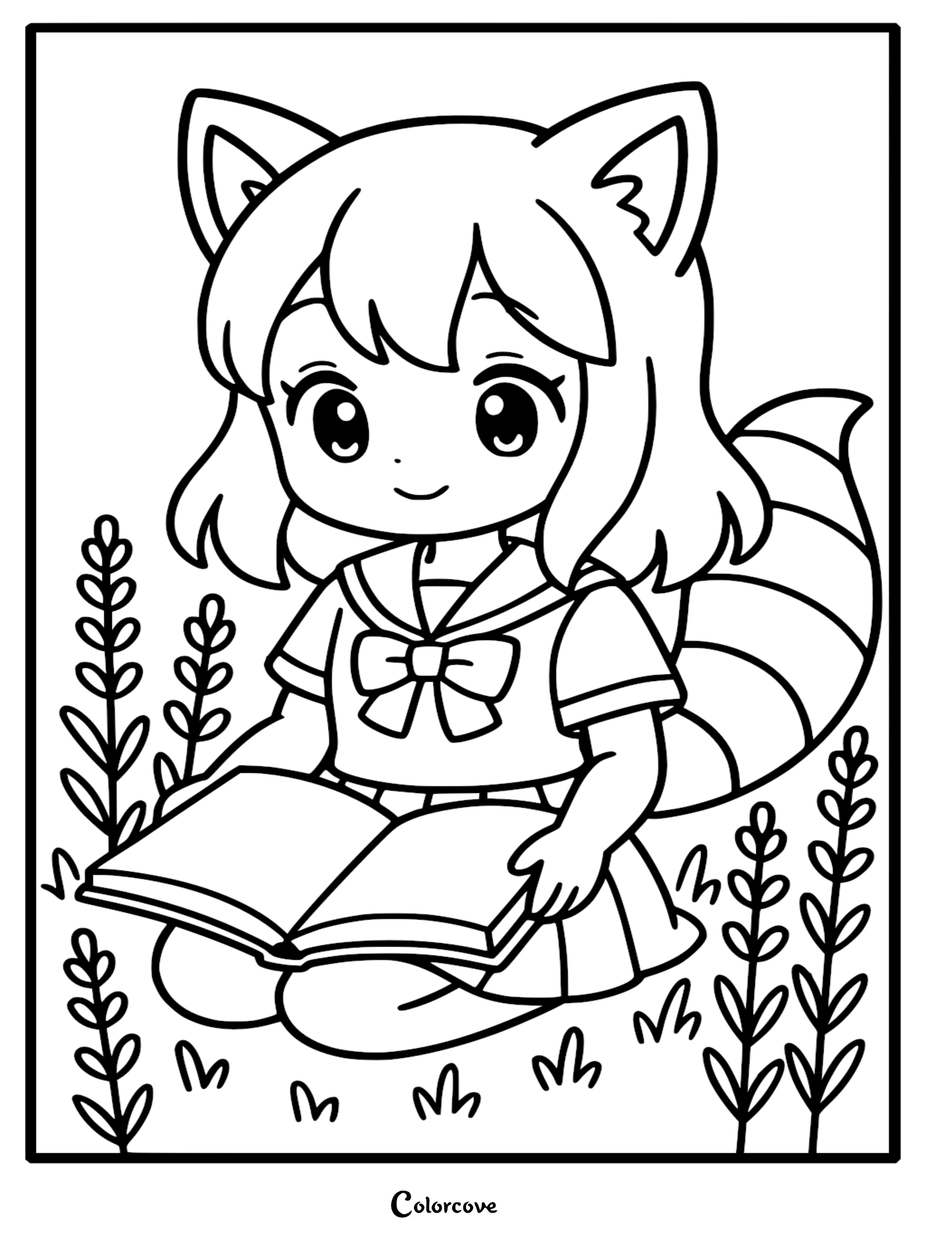 A cute anime-style raccoon girl with ears and a striped tail sitting in the grass, wearing a sailor-style school uniform and reading an open book, coloring page line art.