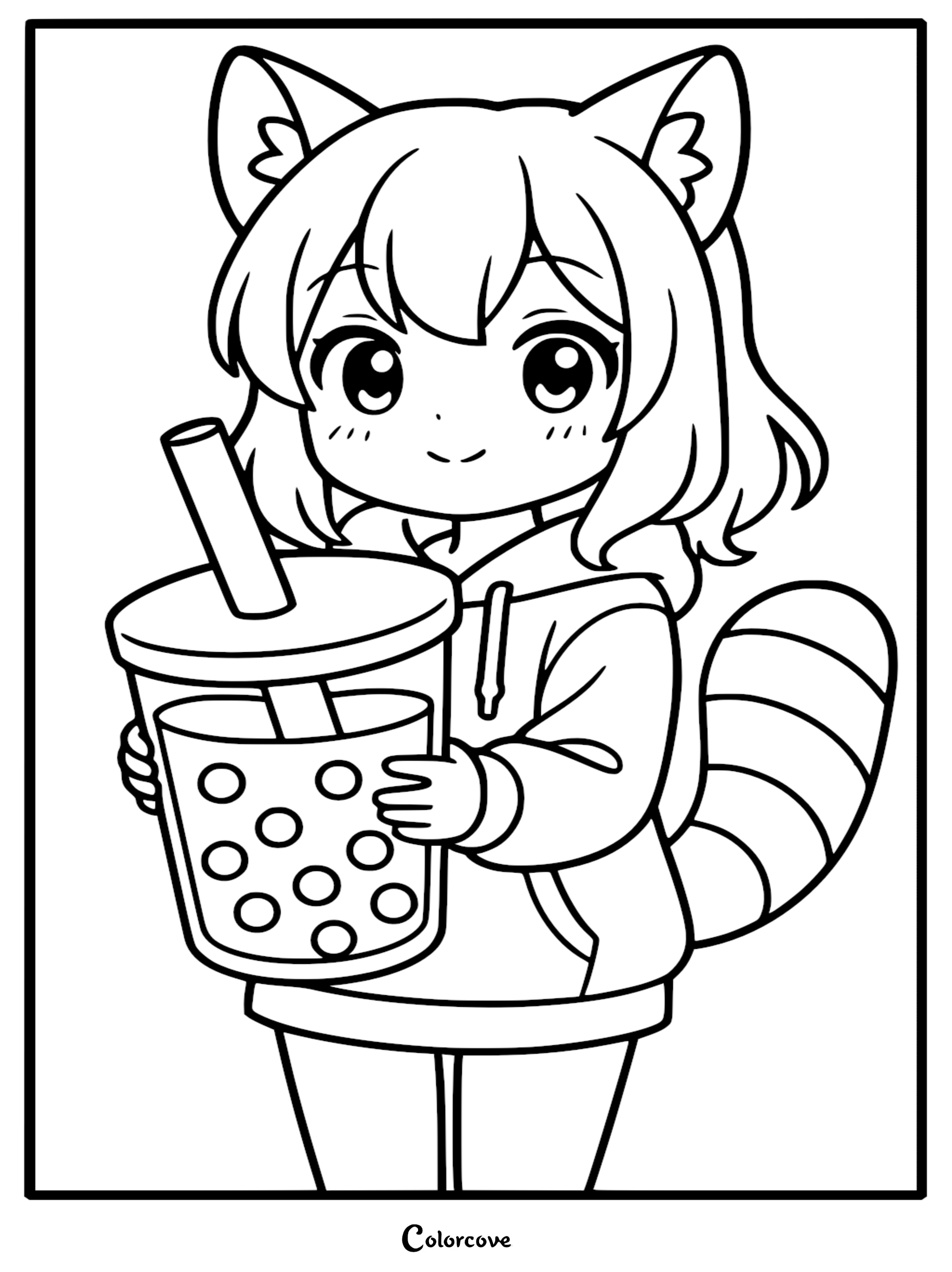 Detailed line art coloring page of a cute chibi raccoon girl holding a giant boba tea cup with pearls and a thick straw, featuring a striped tail and hoodie.