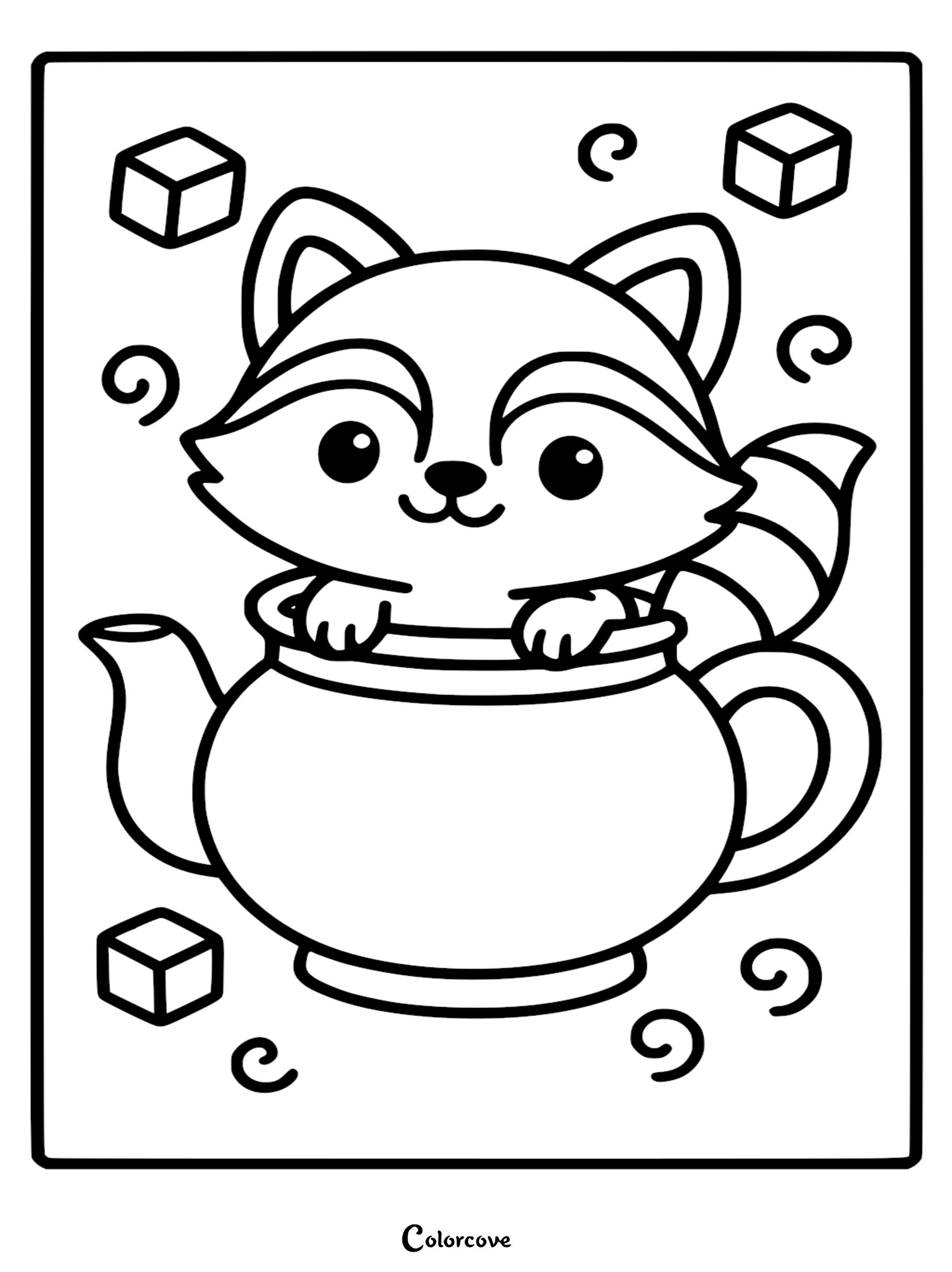 A detailed line art coloring page of a cute raccoon sitting inside a round teapot surrounded by sugar cubes and swirl designs.