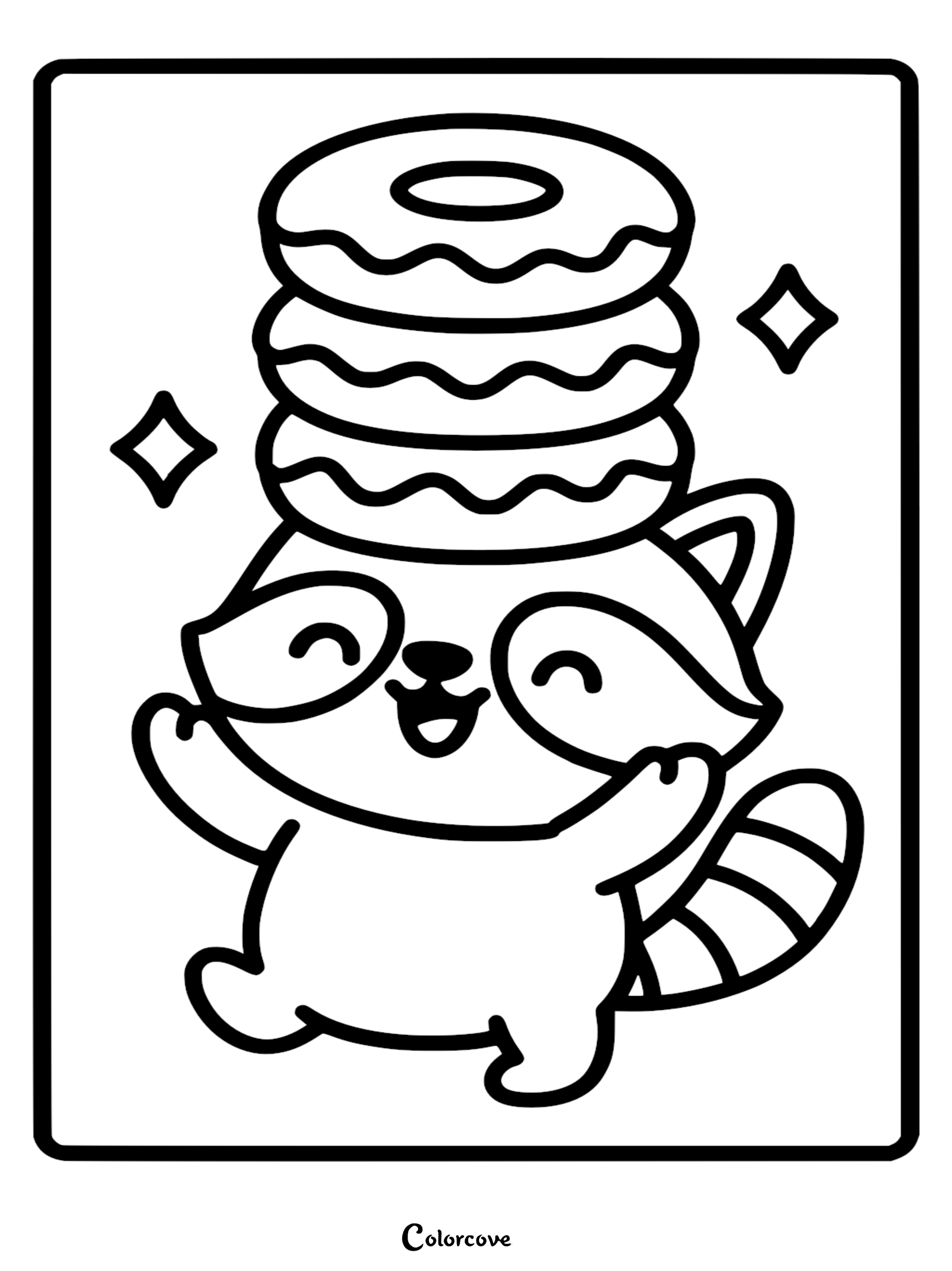 A cute cartoon raccoon balancing a stack of three frosted donuts on its head in this detailed line art coloring page with star sparkles.