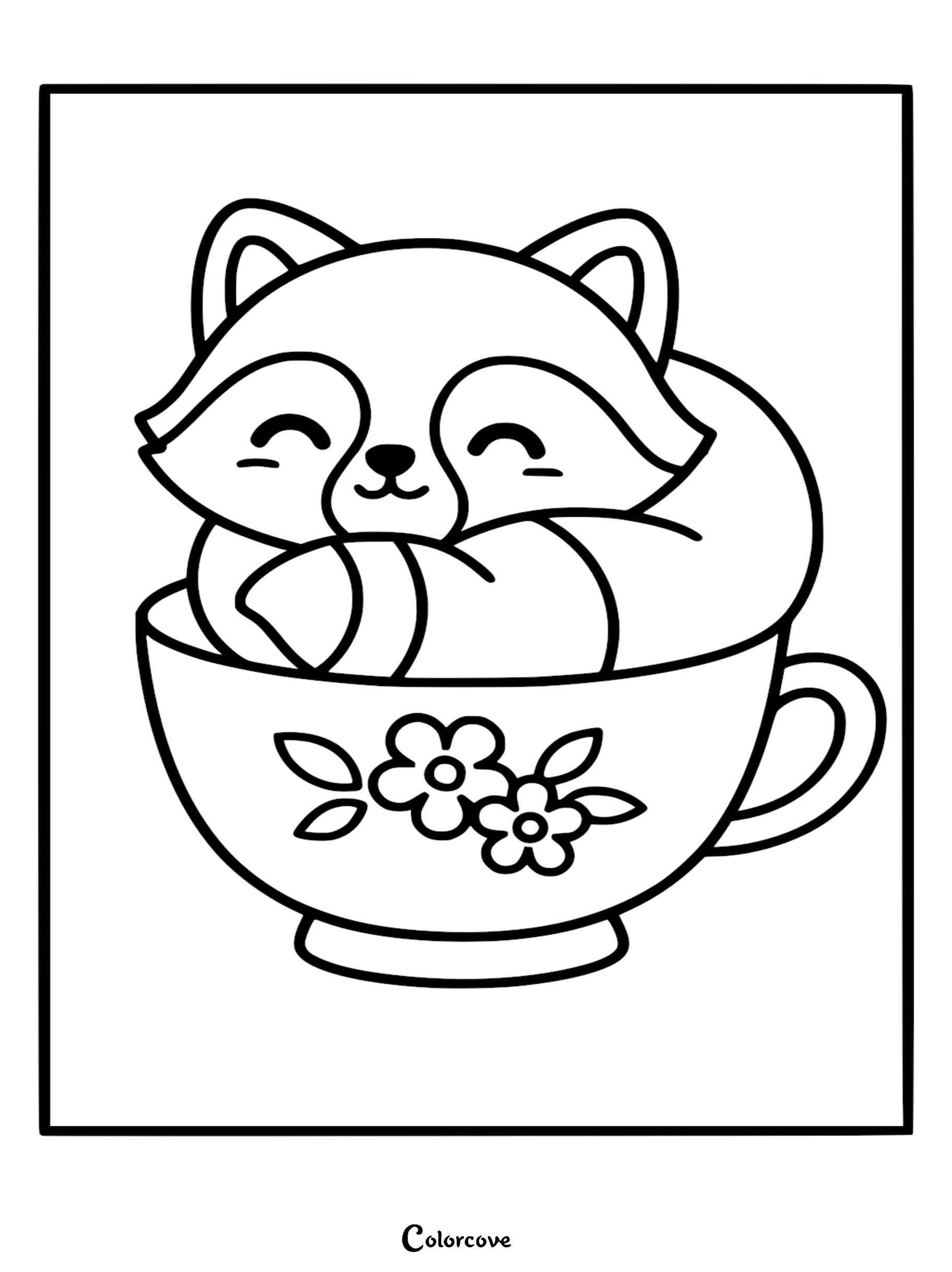 Simple black and white line art coloring page of a cute baby raccoon with its eyes closed sleeping inside a floral teacup.