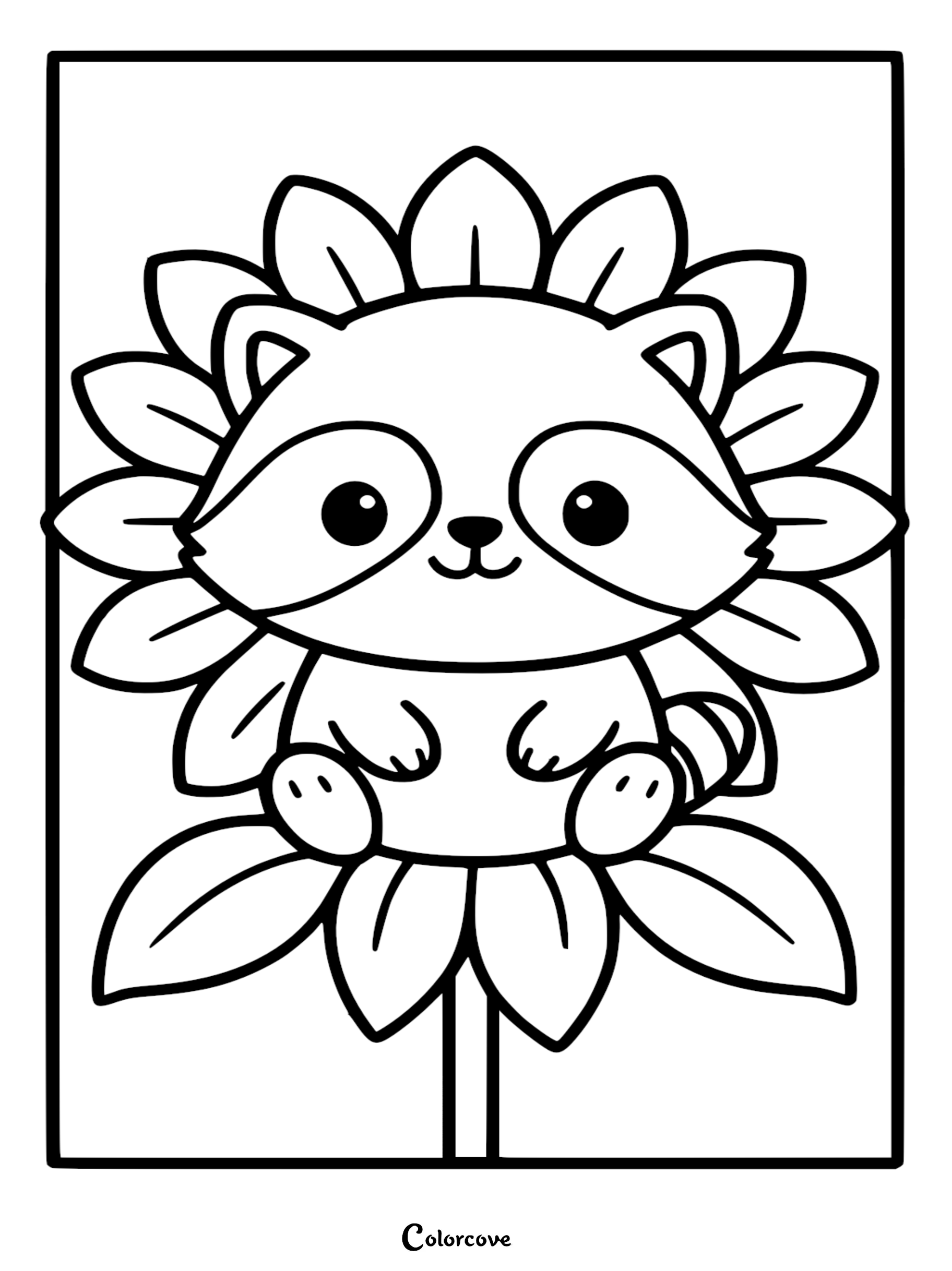 A simple line art coloring page of a cute cartoon raccoon with a mask sitting inside a large sunflower blossom.