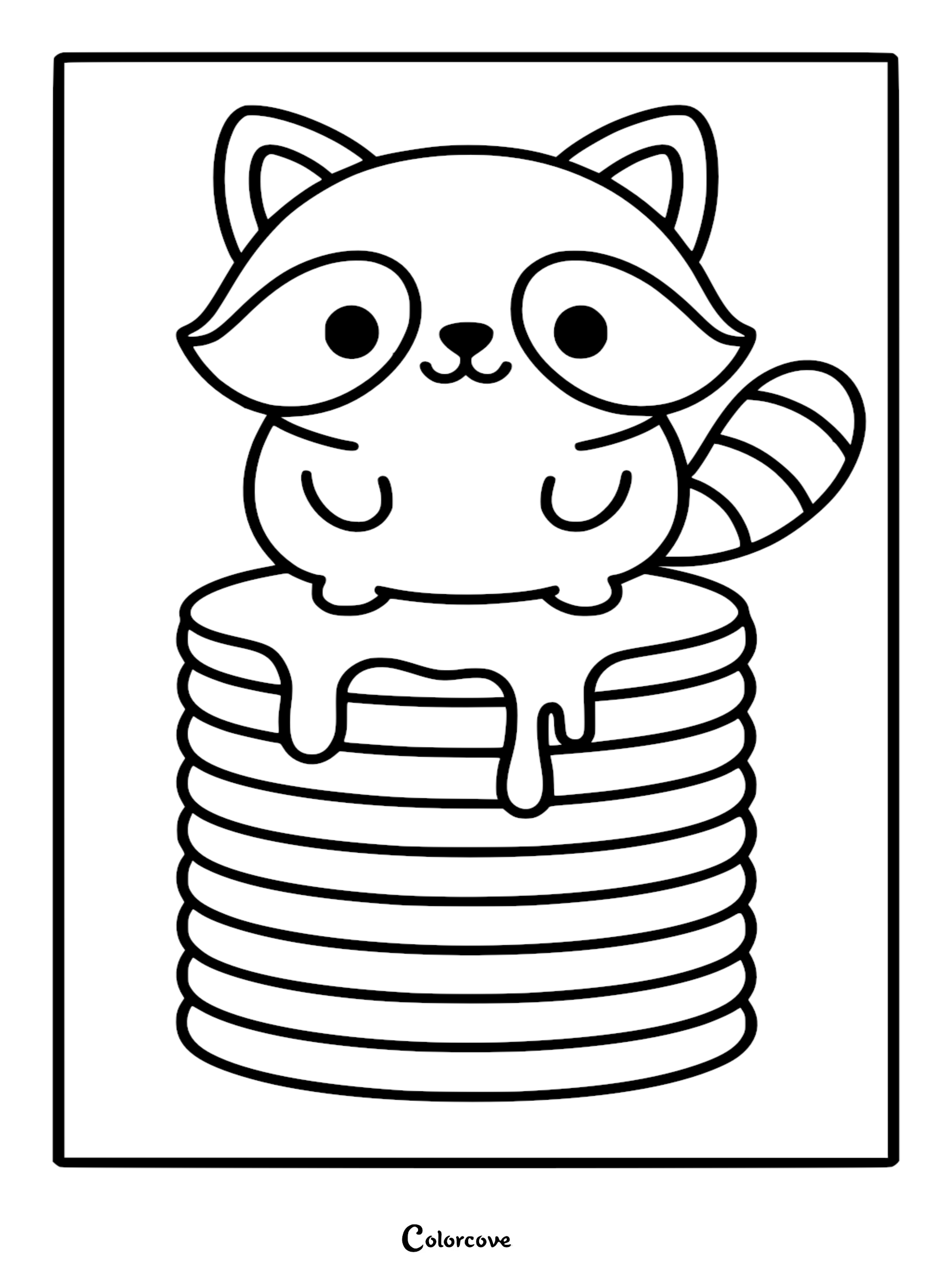 Kawaii style raccoon character with large eyes and striped tail sitting on a giant stack of pancakes with dripping maple syrup, simple line art coloring page.