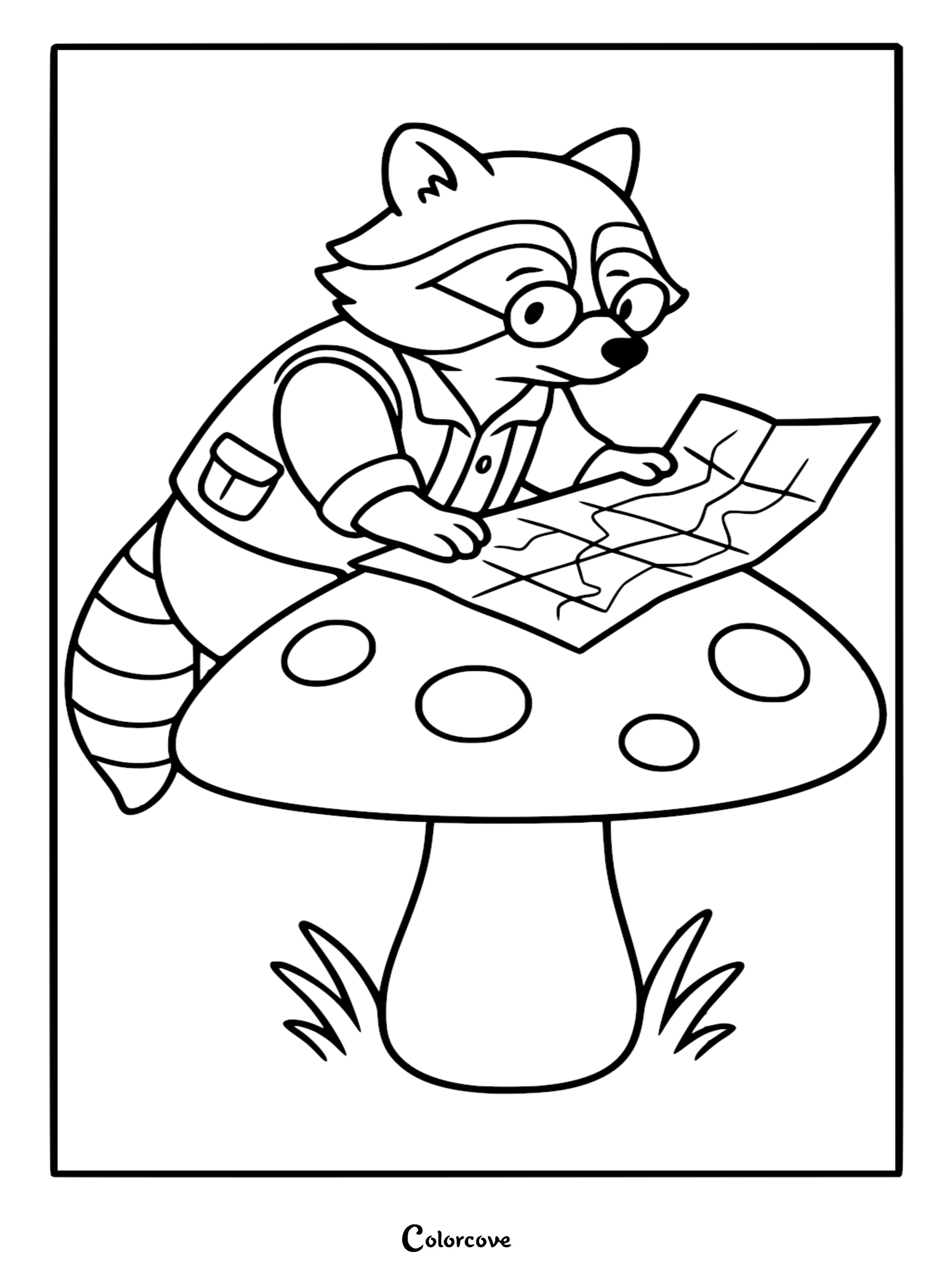 Black and white coloring page of a cute raccoon wearing round glasses and a multi-pocket vest, intently studying a paper map laid out on a large, spotted forest mushroom.
