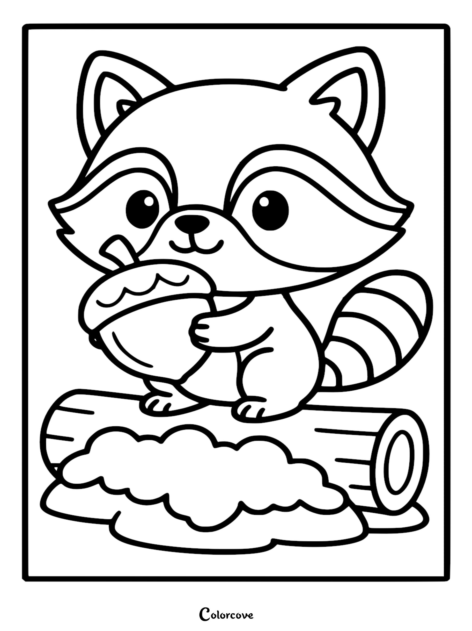 Cute raccoon coloring page featuring a baby raccoon sitting on a wooden log while clutching a big acorn.