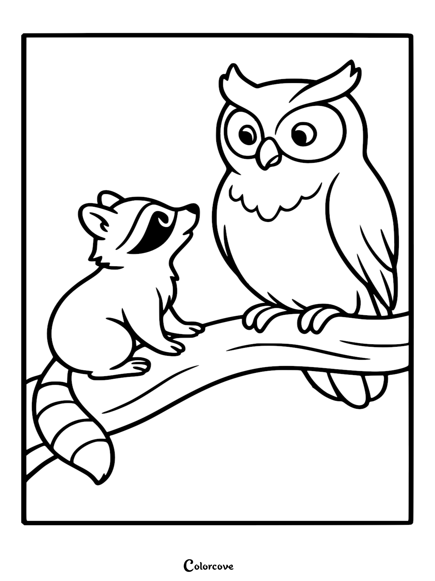 A detailed line art coloring page of a small raccoon with a masked face and striped tail looking up at a large owl perched on a tree branch.