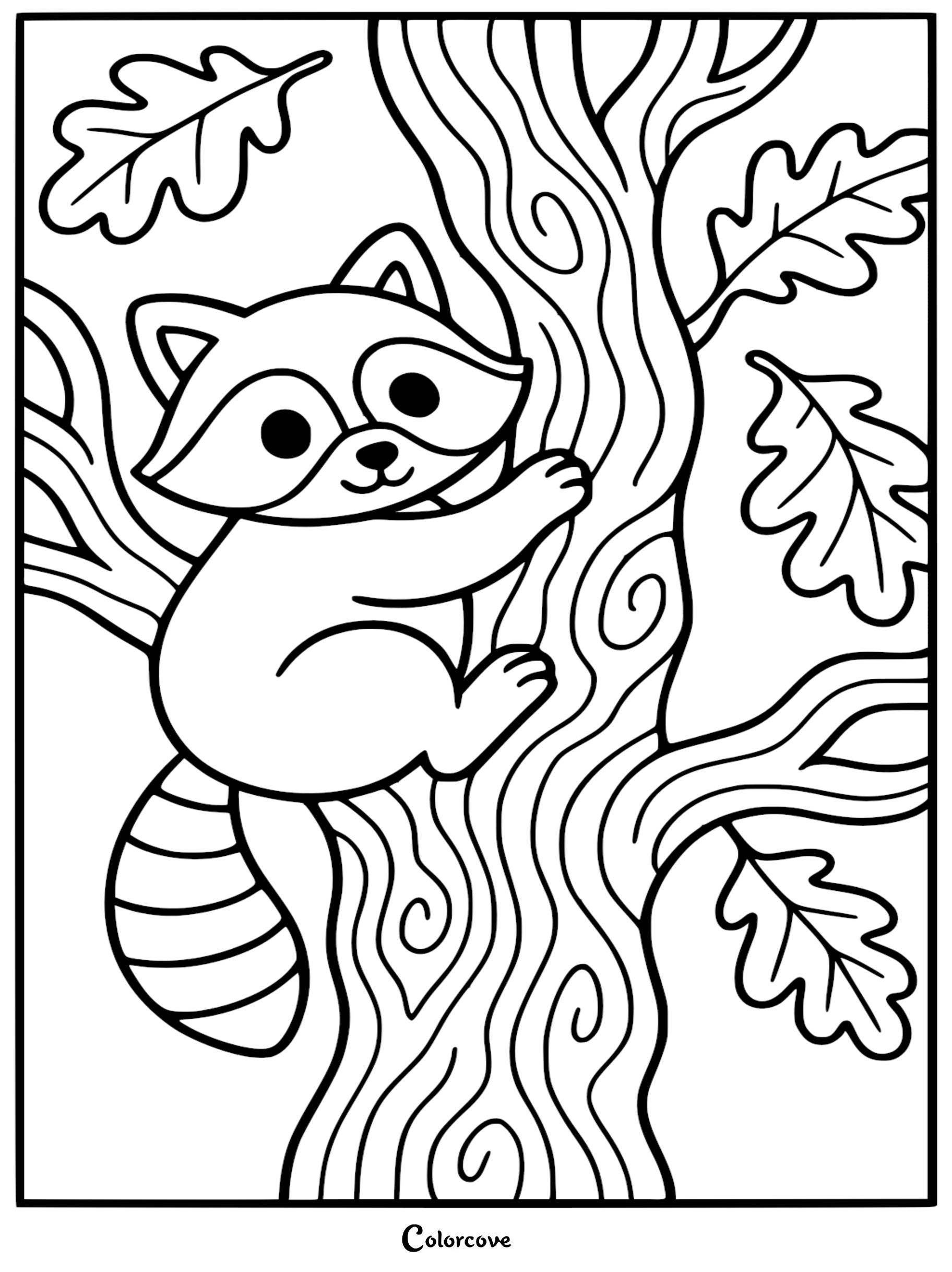 A detailed line art coloring page of a cute cartoon raccoon with a ringed tail climbing a large oak tree trunk surrounded by leaves.