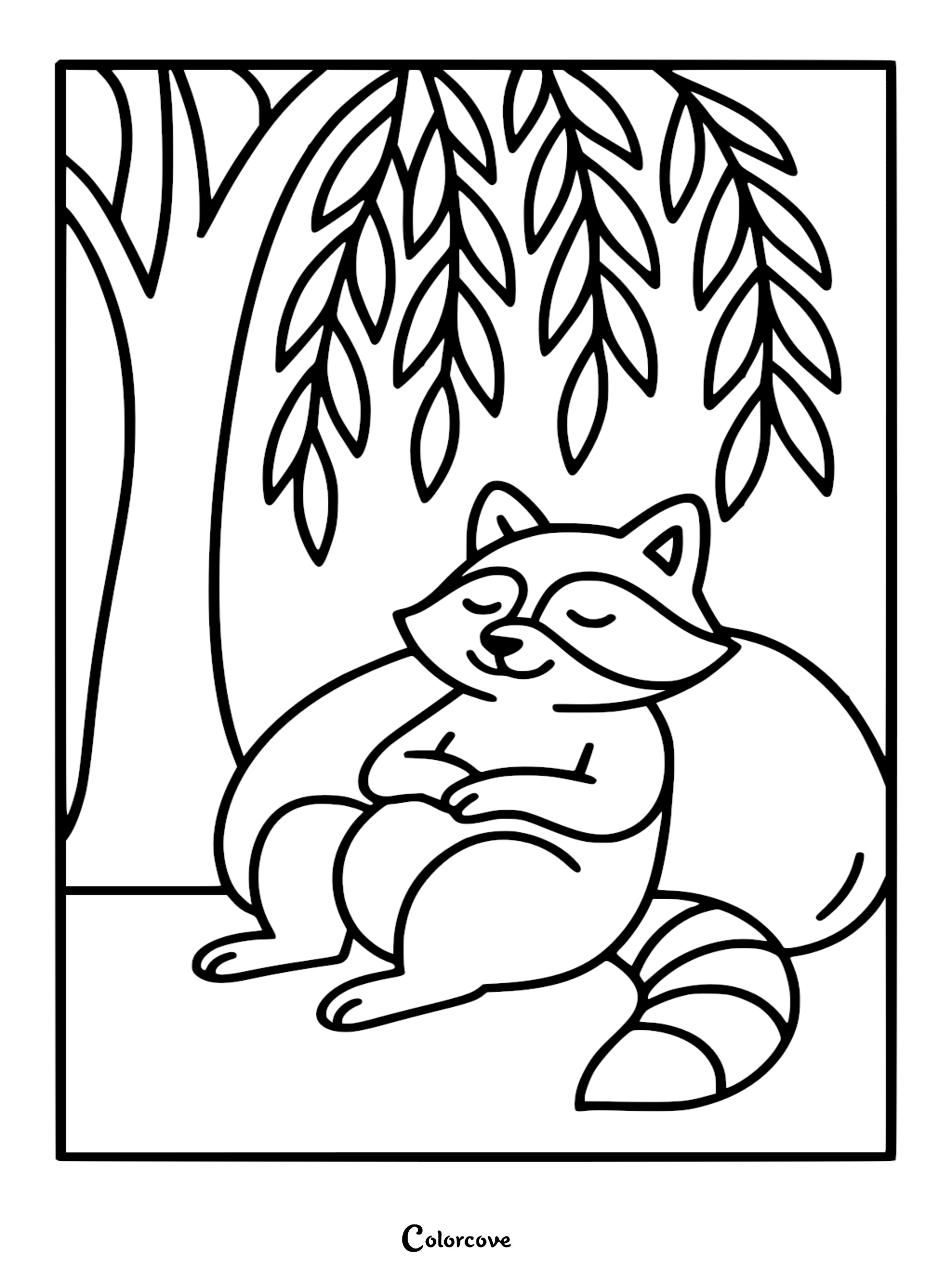 Black and white coloring page of a cute raccoon with a striped tail resting beneath hanging willow tree branches.