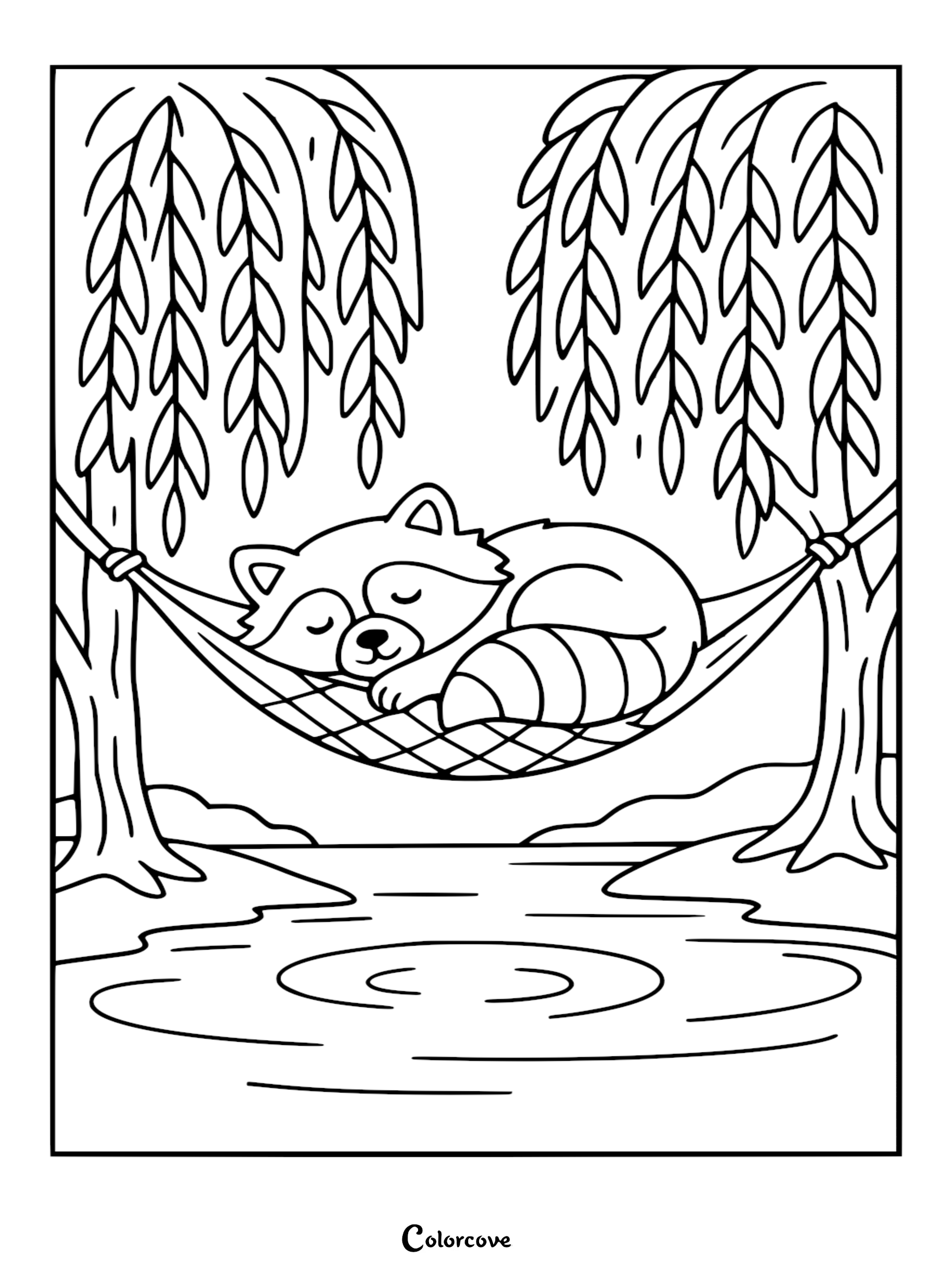 A detailed coloring page of a cute raccoon with a striped tail sleeping in a mesh hammock tied between two willow trees over a pond.