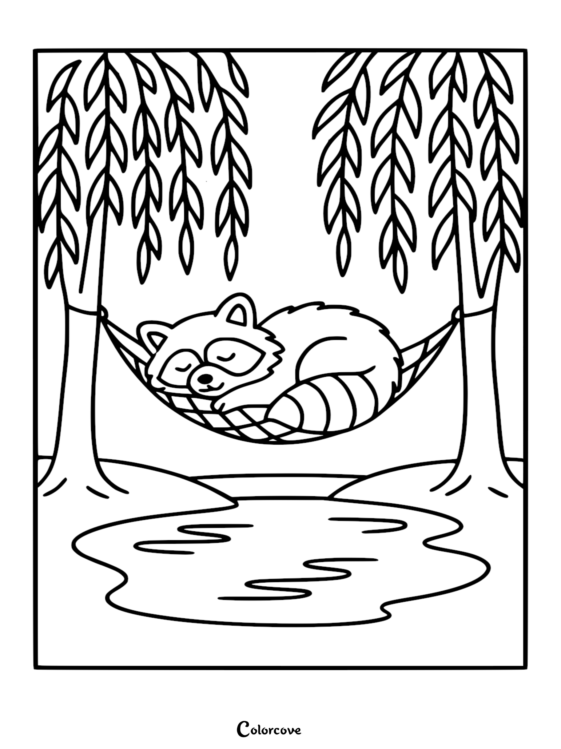 Detailed line art of a cute raccoon sleeping in a mesh hammock tied between two willow trees over a calm pond coloring page.