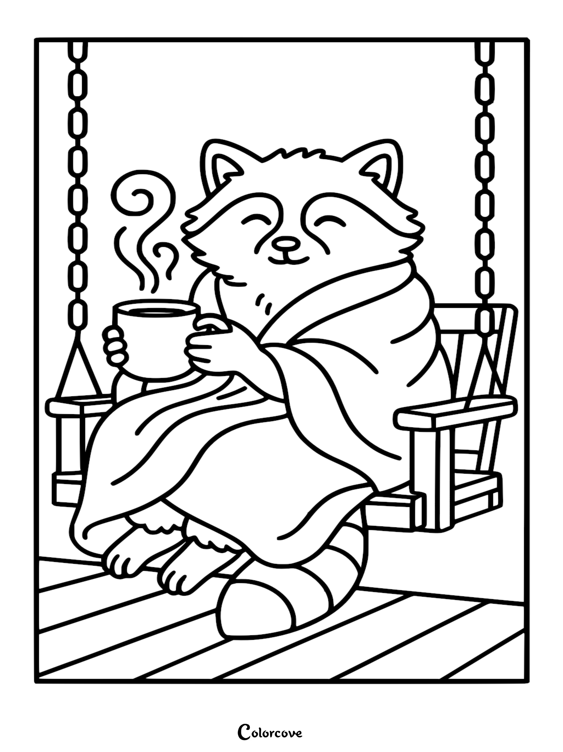 A cute raccoon coloring page showing the animal wrapped in a thick blanket, sitting on a wooden porch swing and holding a steaming mug.