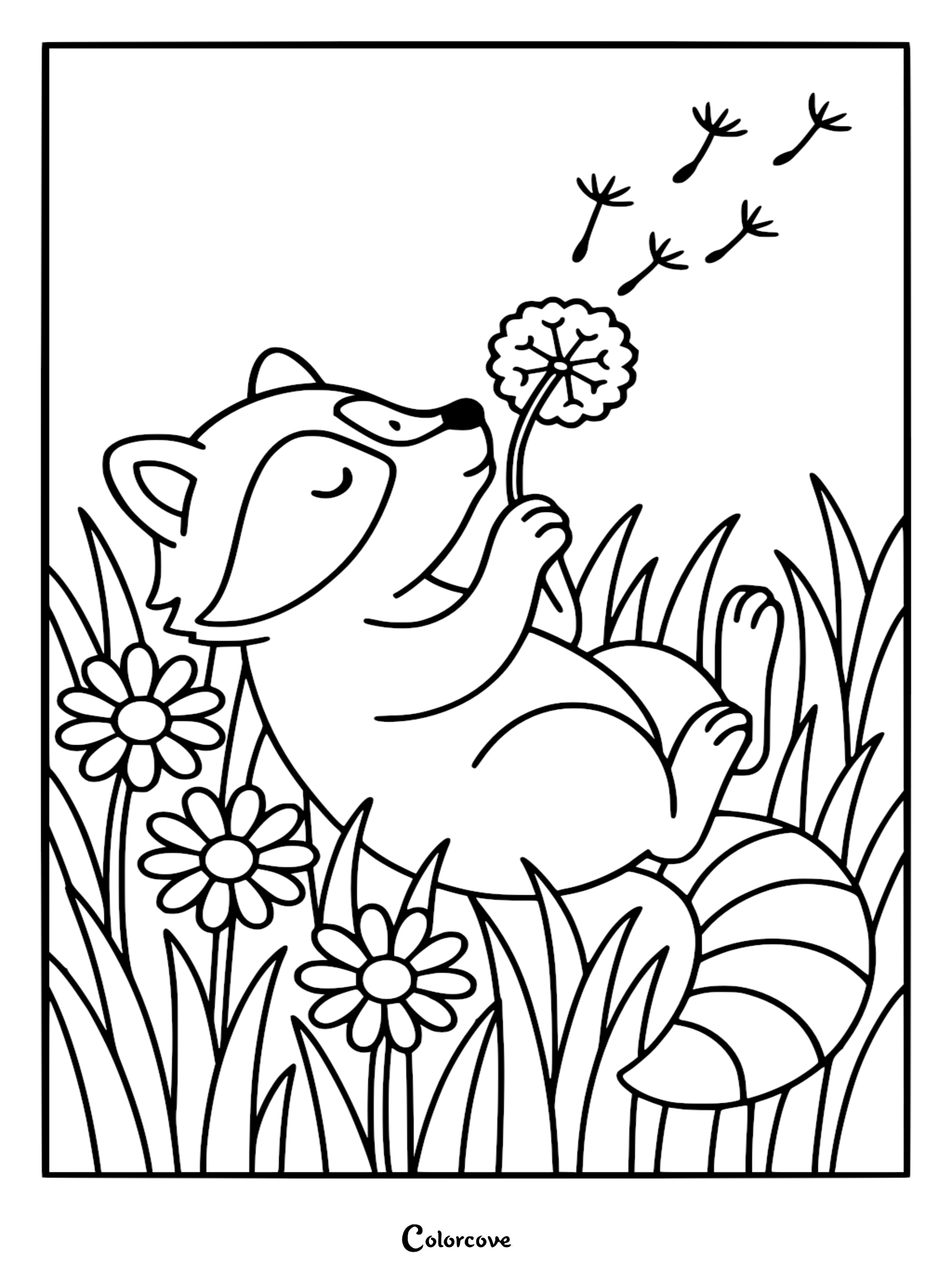 A line art coloring page of a cute raccoon lying in tall grass and daisies holding a dandelion puff.