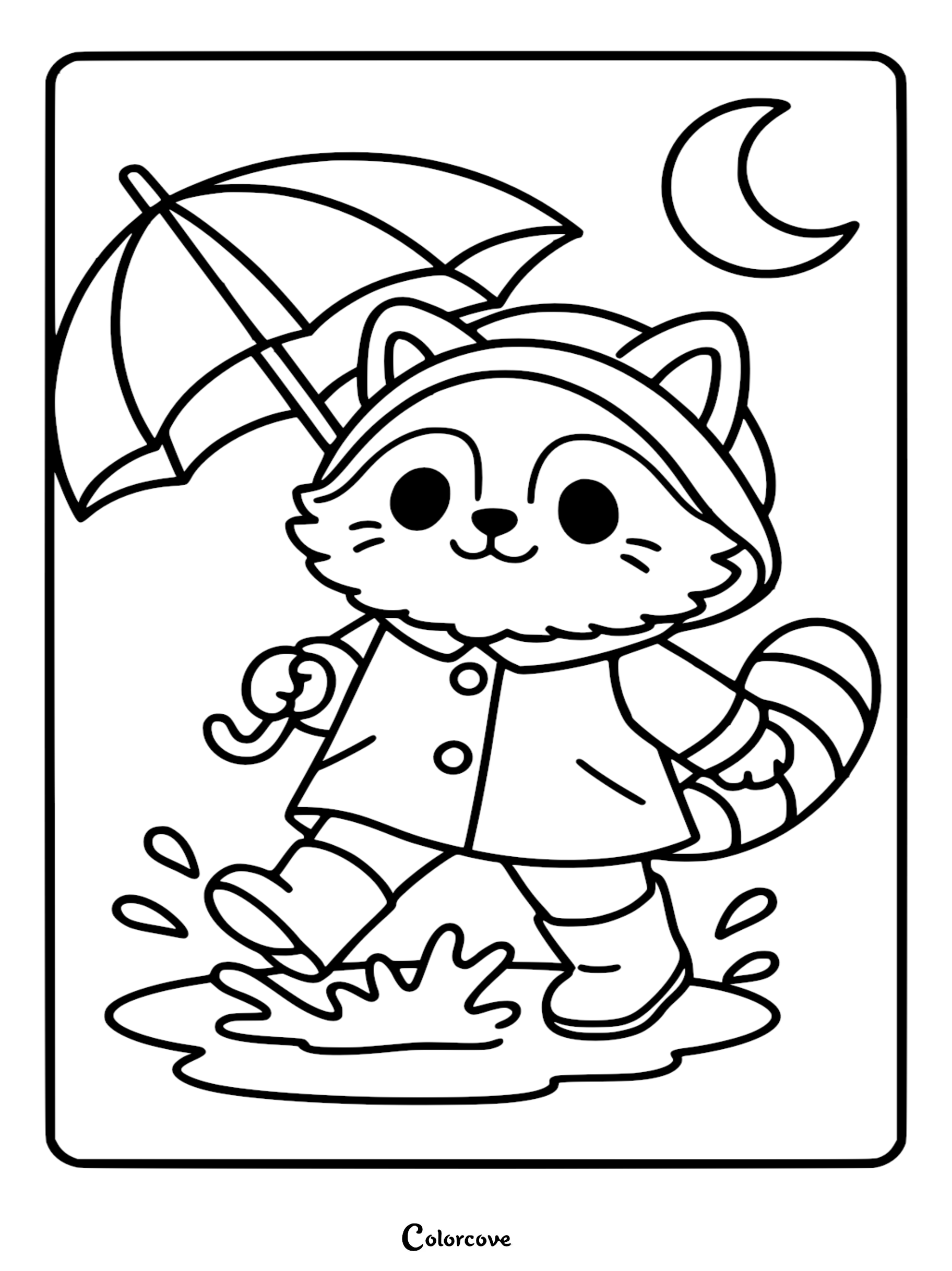 A detailed line art coloring page of a cute raccoon wearing a buttoned raincoat and boots, holding an open umbrella and splashing in a puddle under a crescent moon.