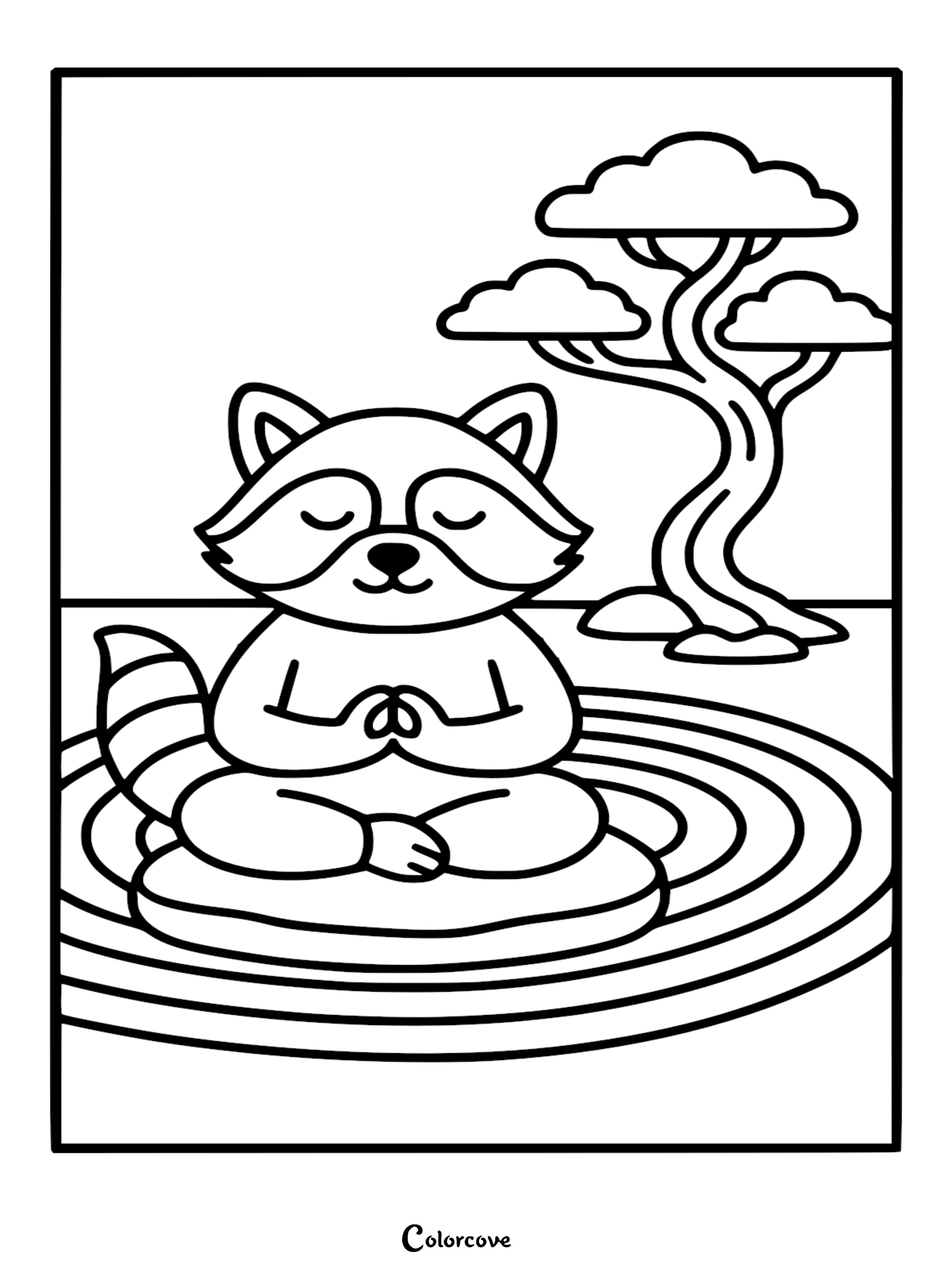 Detailed line art coloring page of a cute raccoon sitting in a meditative pose on a stone within a Zen garden beside a bonsai tree.