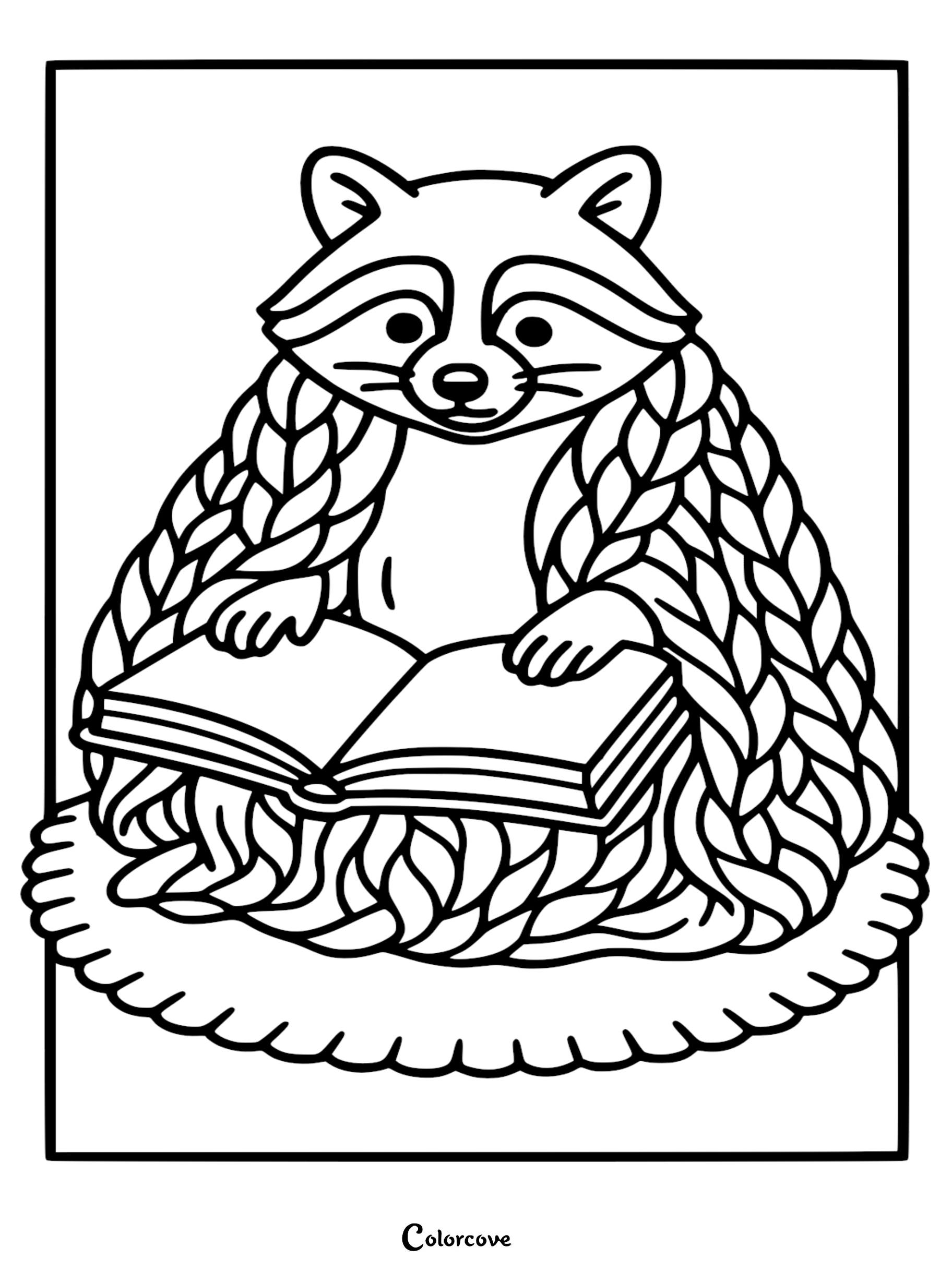 Line art coloring page of a cute raccoon with whiskers wrapped in a thick cable-knit blanket reading an open book on a scalloped rug.