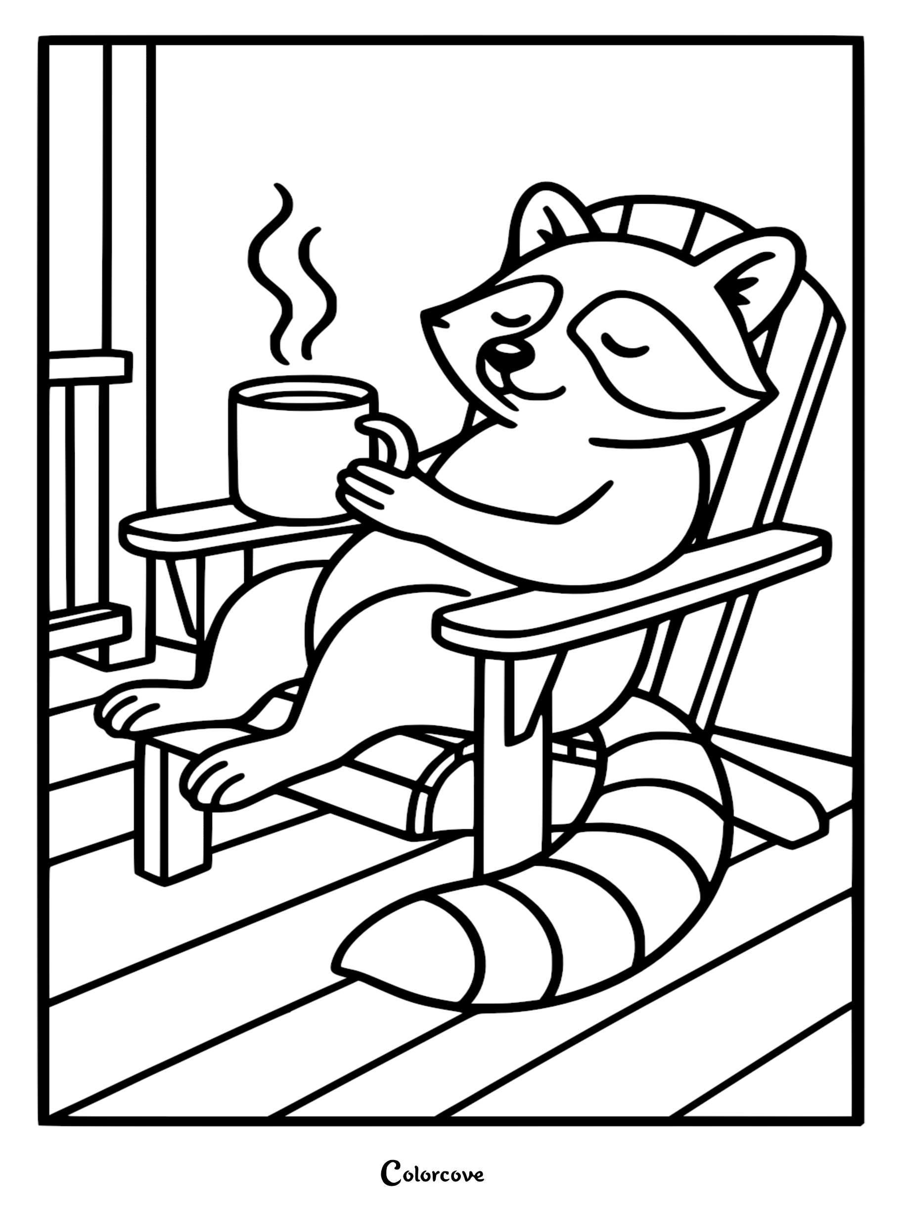 Detailed black and white coloring page of a cute raccoon with a striped tail relaxing in an Adirondack chair on a wooden porch while holding a steaming mug with its eyes closed.