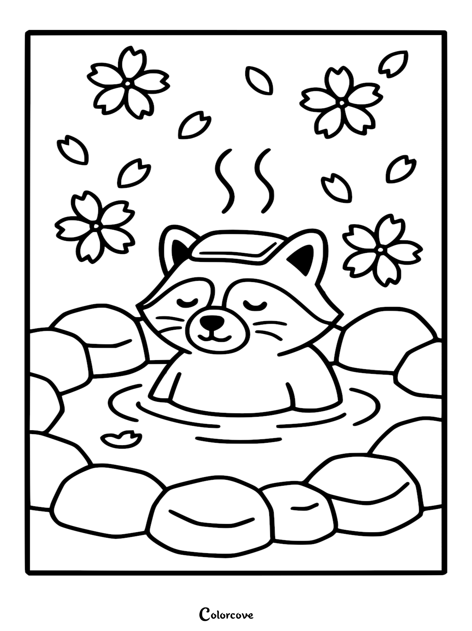 A detailed line art coloring page of a cute raccoon relaxing in a steaming hot spring with a folded towel on its head, surrounded by large rocks and falling cherry blossom petals.