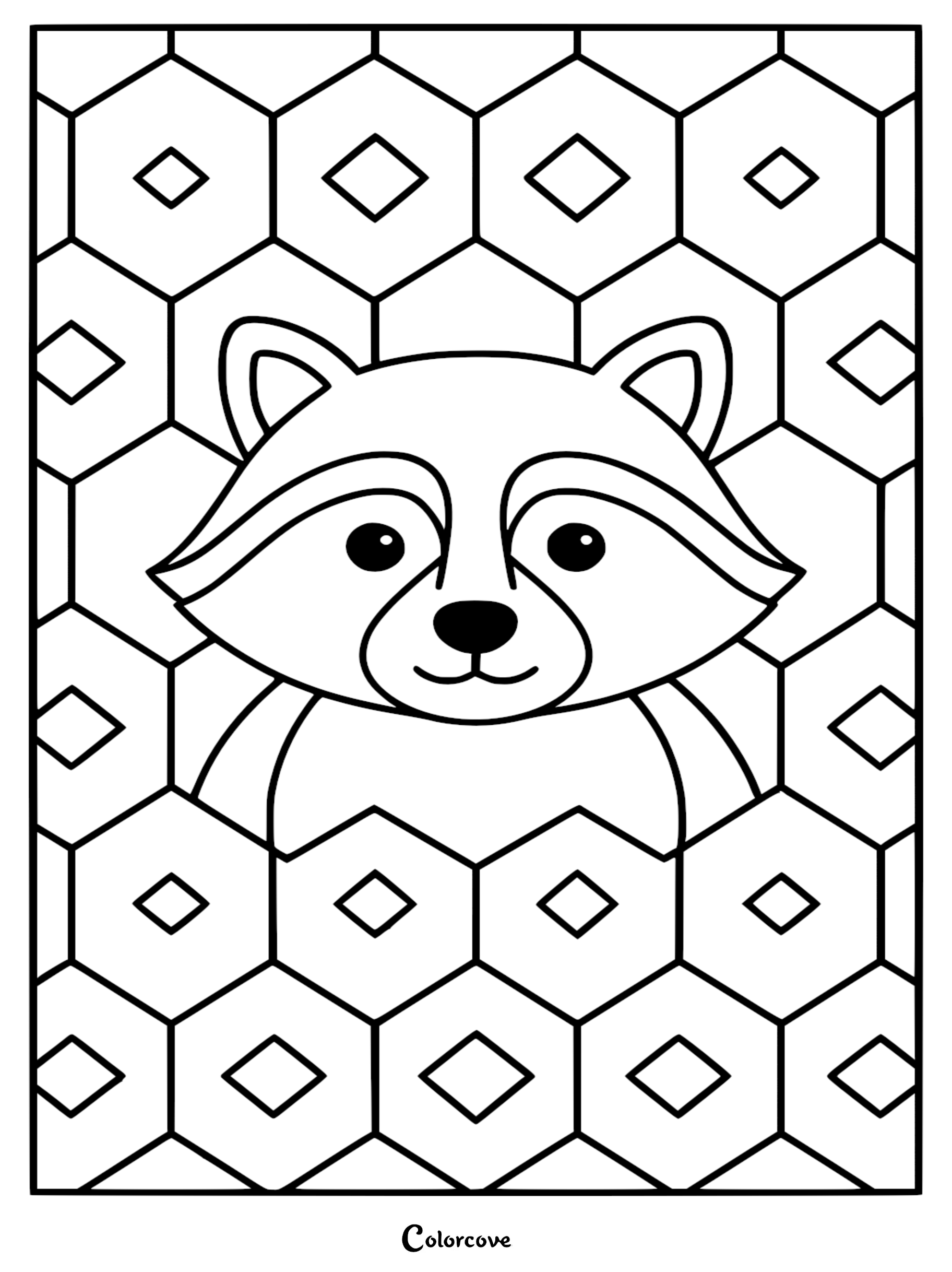 A detailed black and white coloring page of a smiling raccoon face centered within a pattern of hexagons and small diamonds.