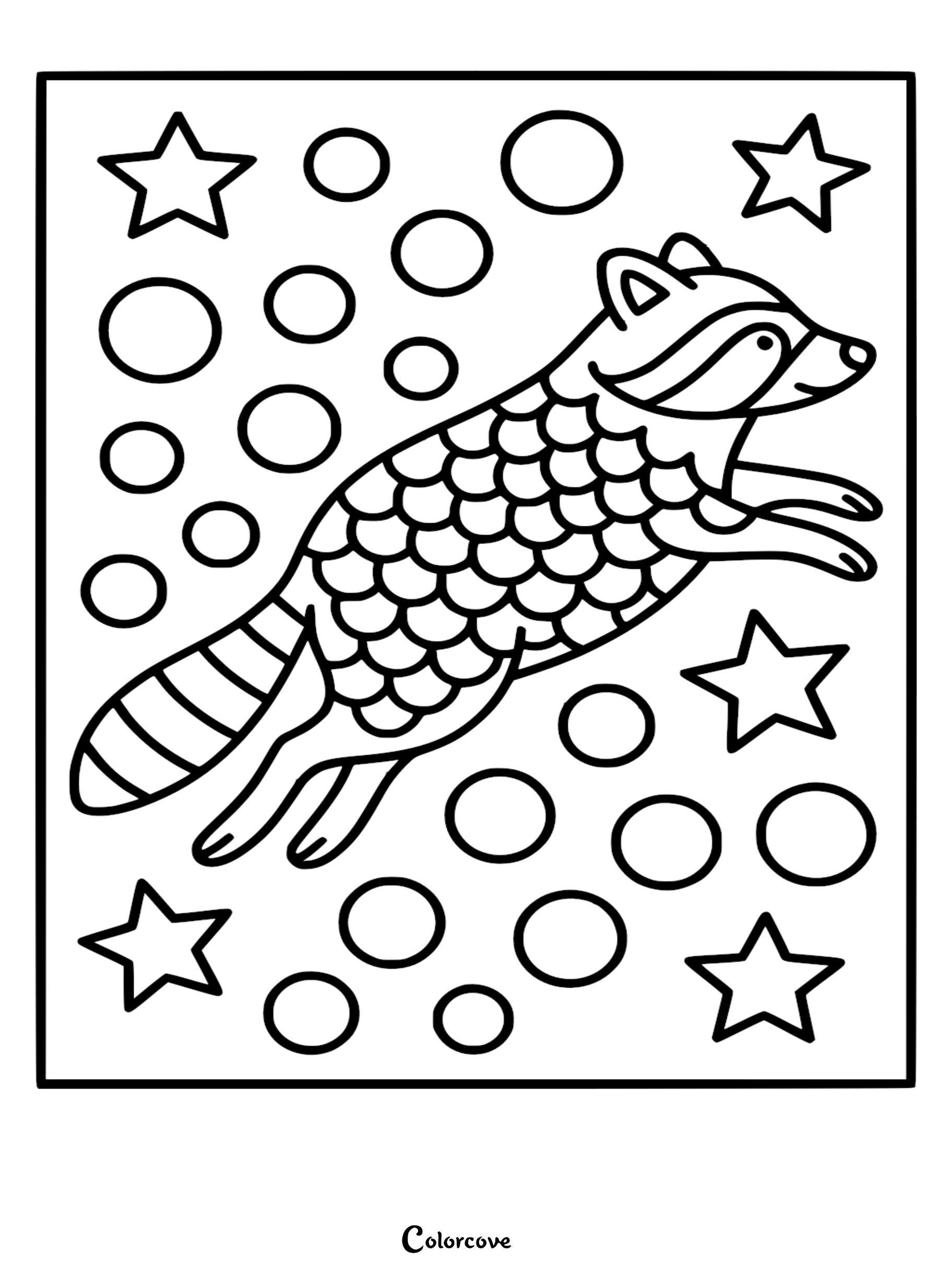 A detailed raccoon coloring page showing a leaping procyon with scaled fur patterns, a striped tail, and a starry bubble background.