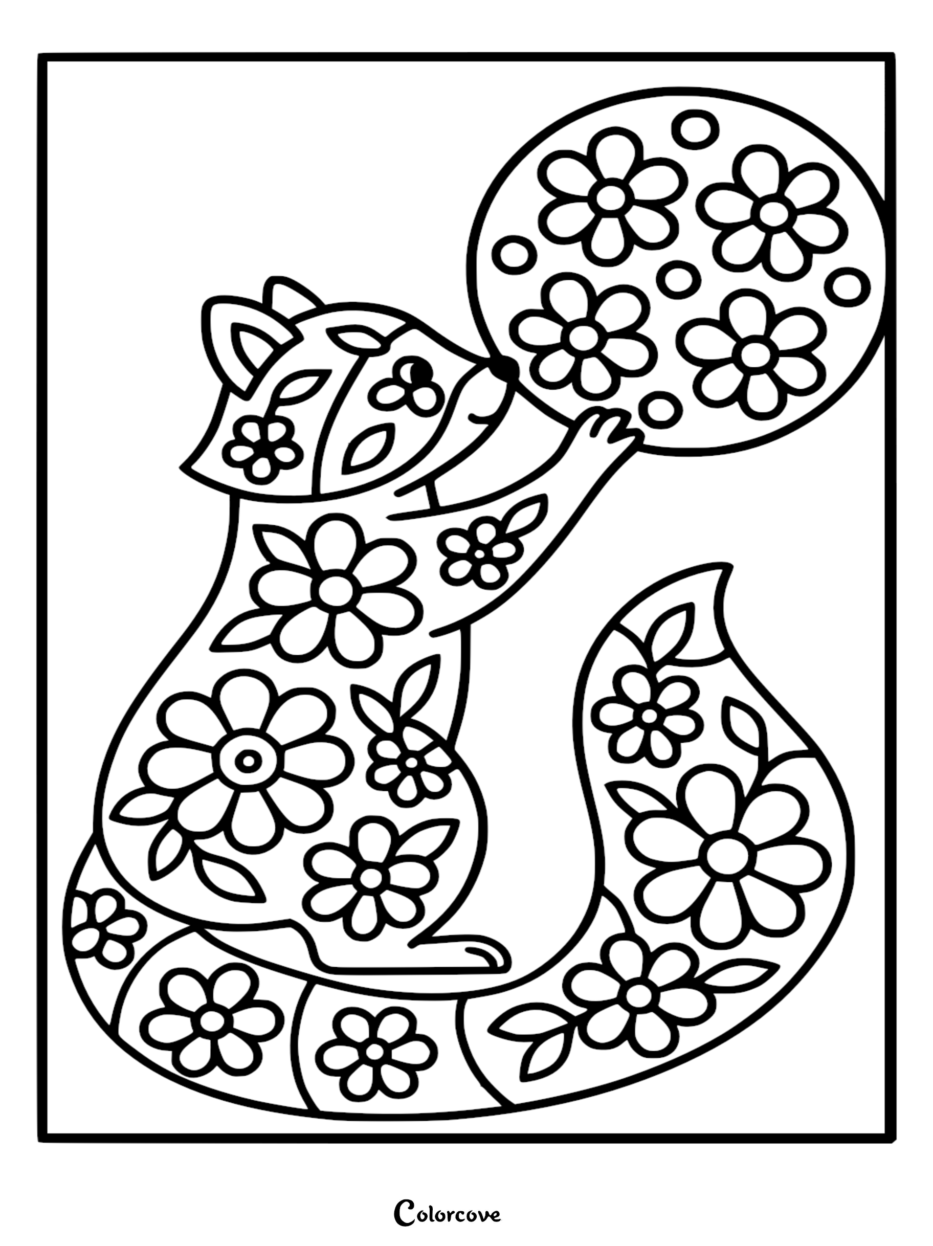 A detailed raccoon coloring page featuring intricate floral patterns and daisy designs on the body and tail while reaching for a flower-filled orb.
