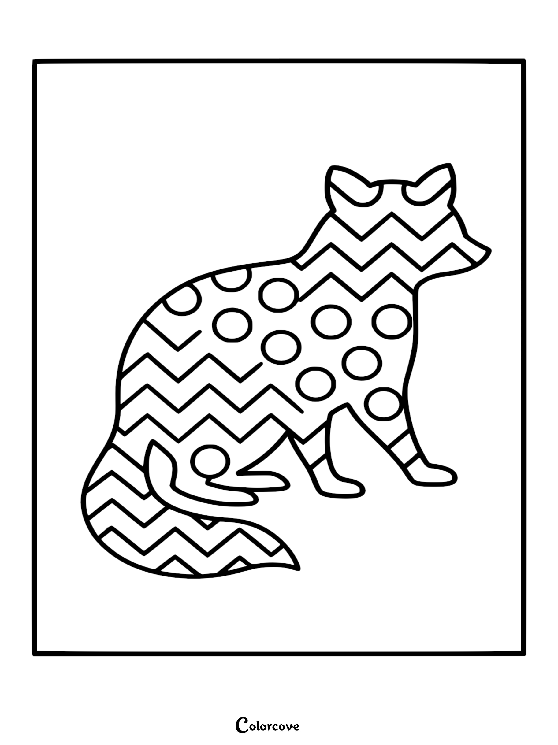 A cute raccoon coloring page with a detailed silhouette filled with geometric patterns, including chevron zig-zags and large polka dots.