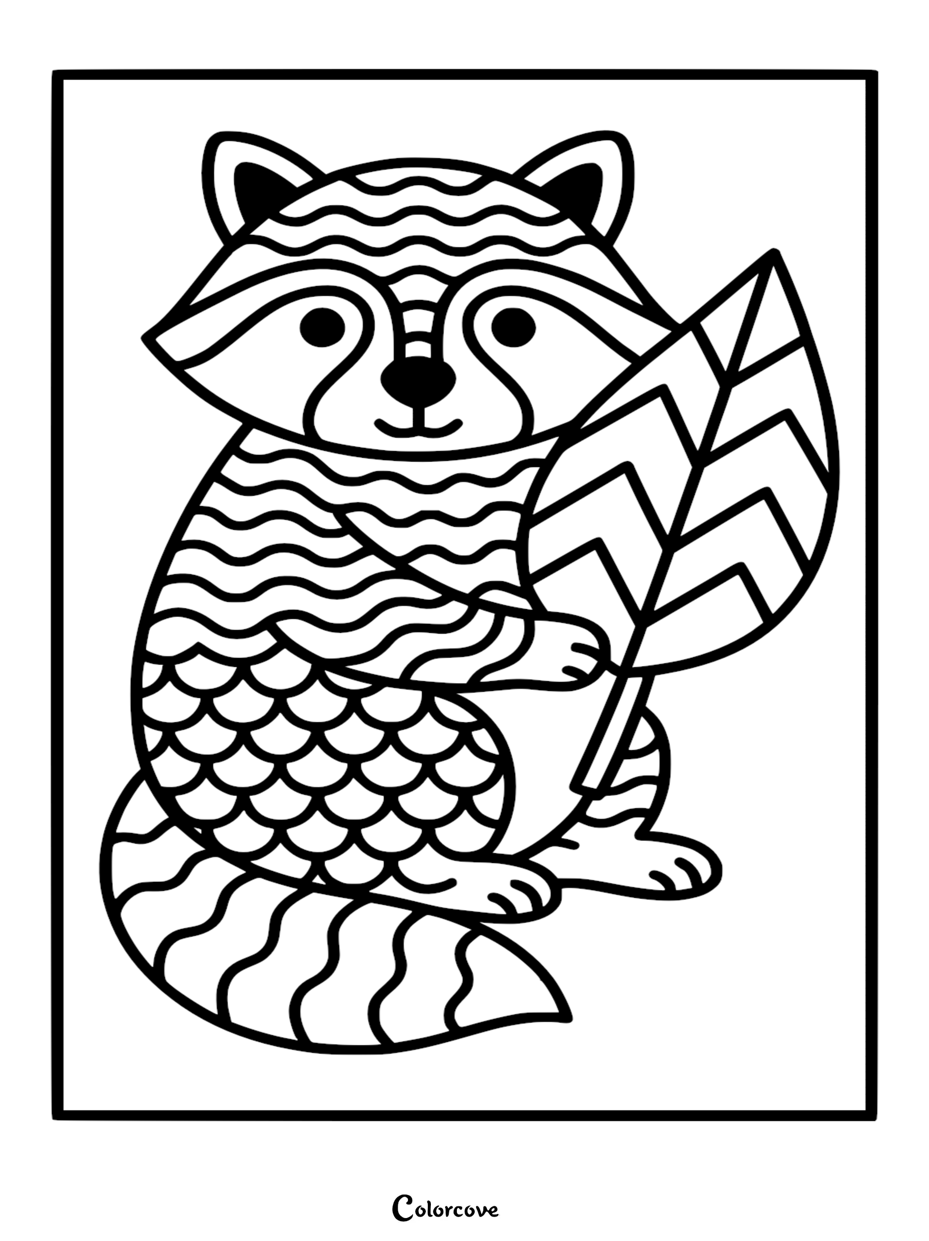 Detailed coloring page of a cute raccoon featuring wavy and scaly fur patterns holding a large leaf with chevron veins.