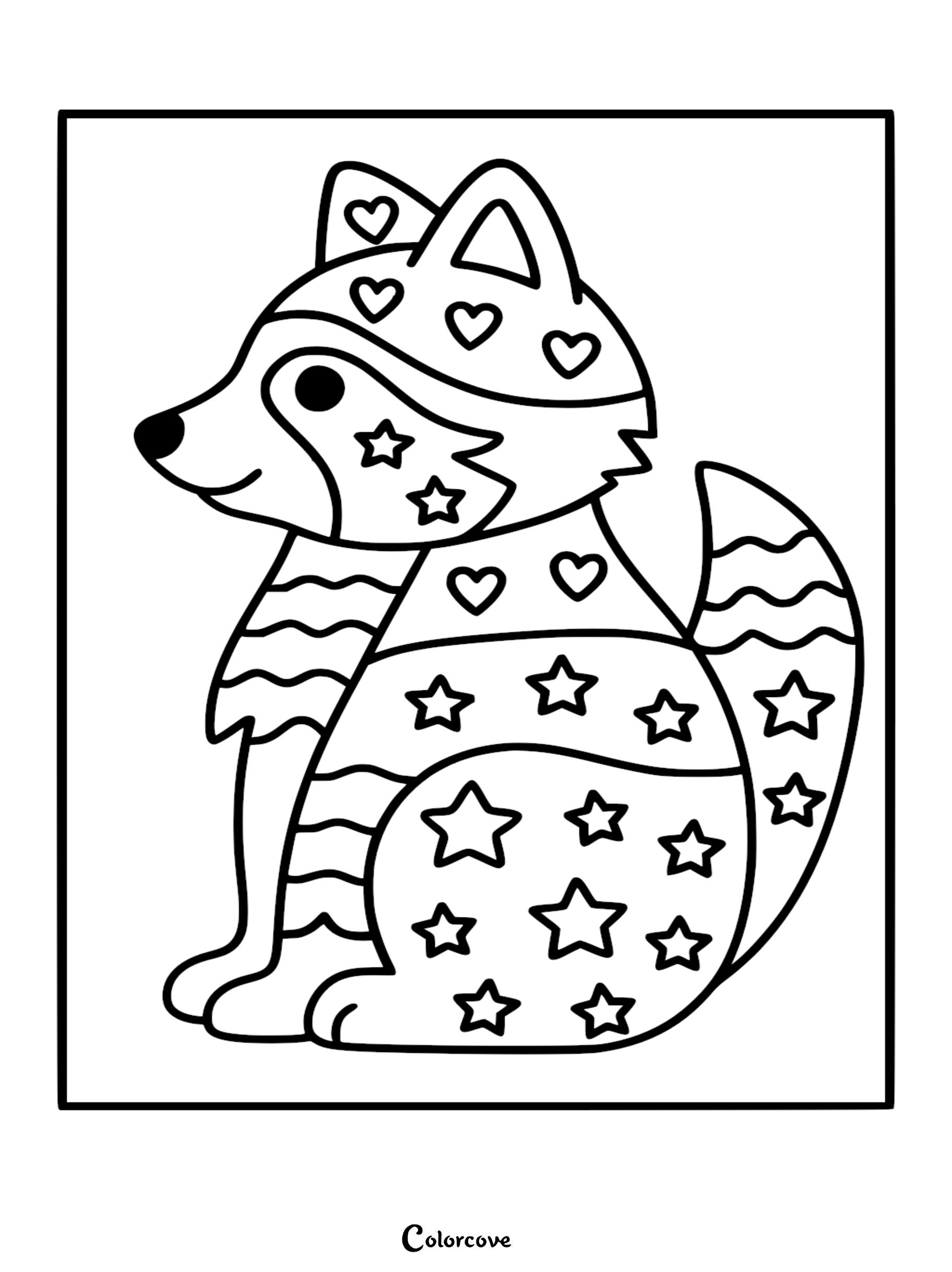 Detailed line art coloring page of a cute raccoon sitting sideways, featuring whimsical heart patterns on its head and star designs across its body and tail.