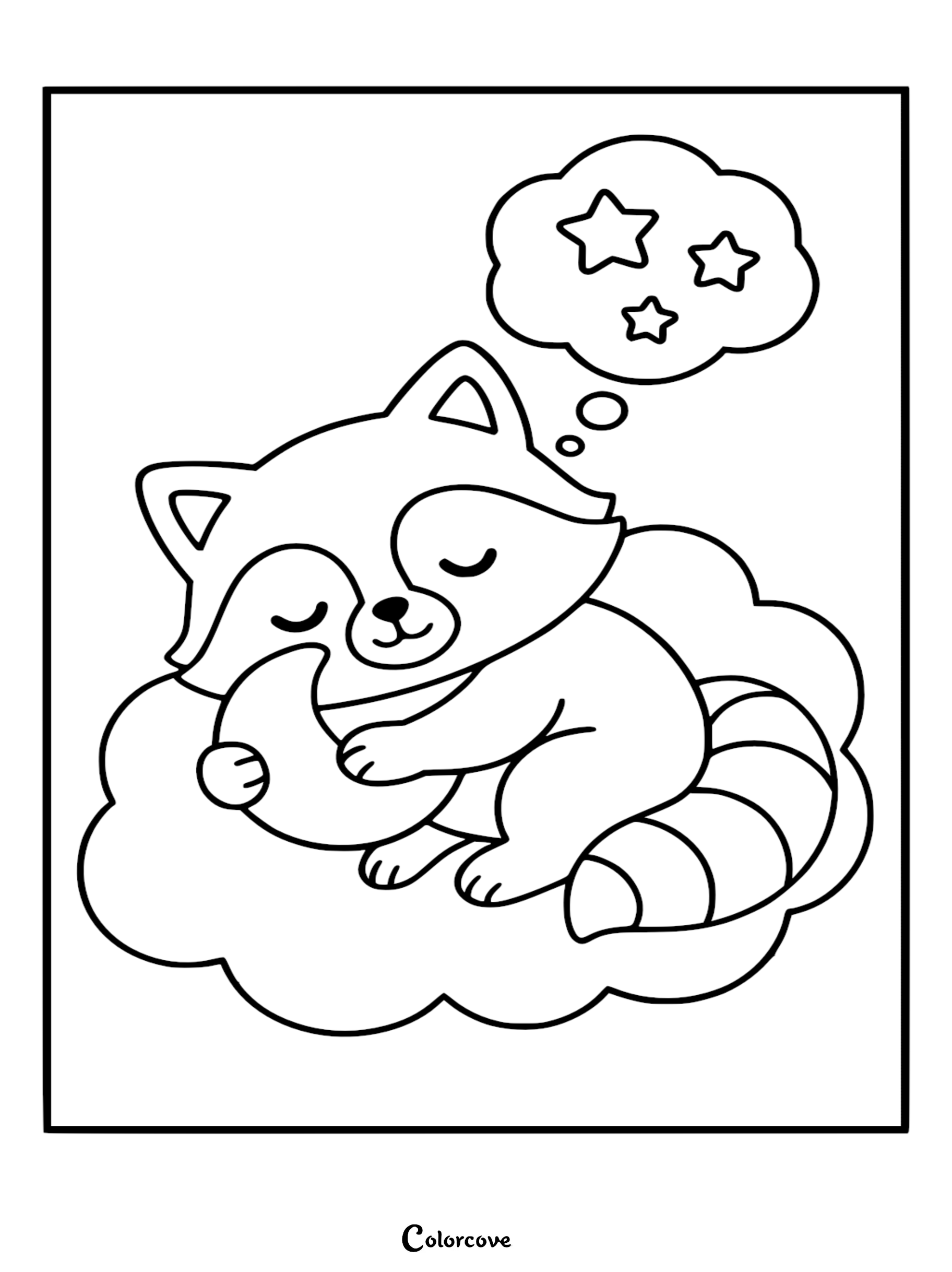 A line art coloring page of a cute raccoon with a striped tail sleeping on a cloud while hugging a moon.