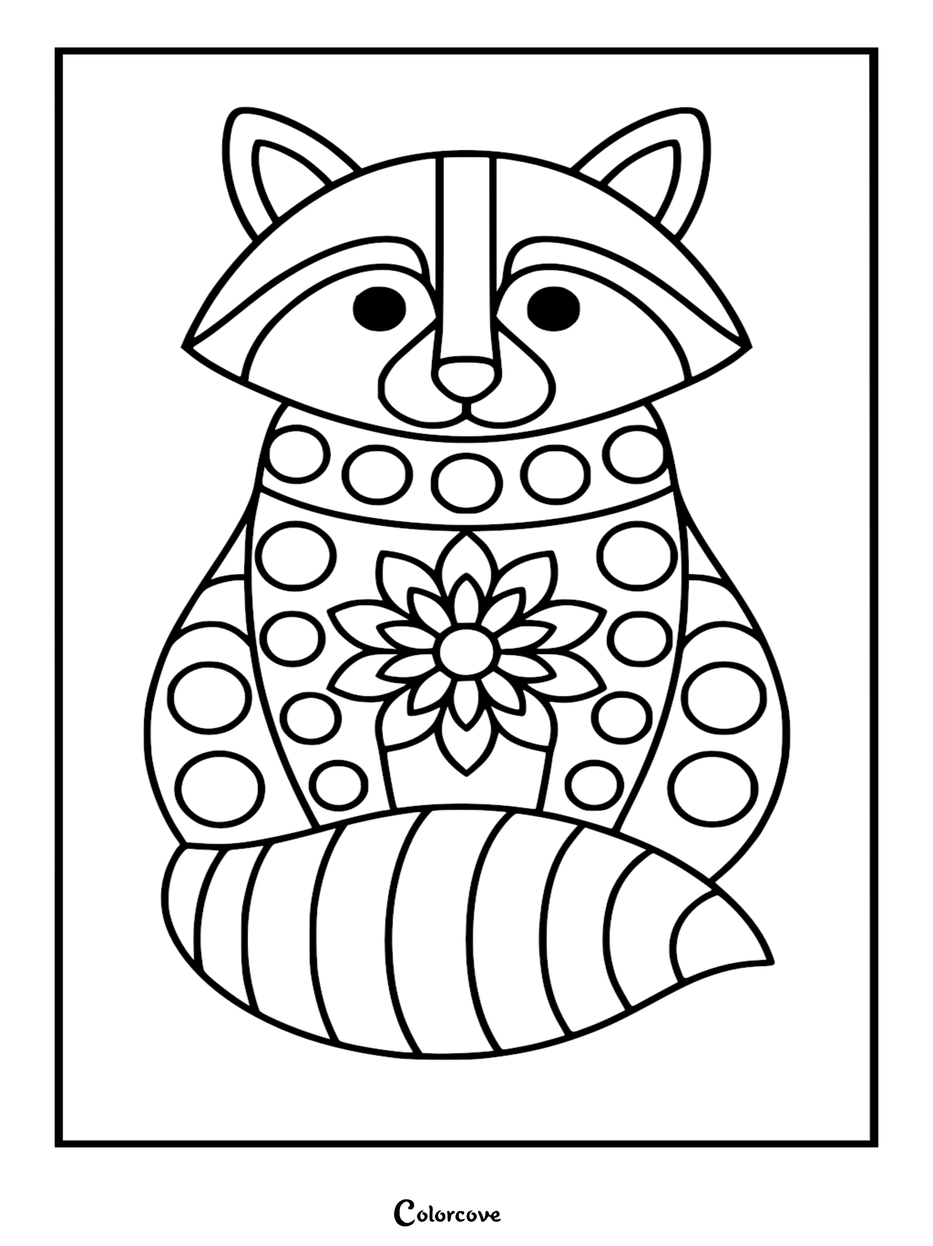 A geometric floral pattern cute raccoon coloring page featuring a central multi-petaled flower, circular body designs, and a large striped tail in black line art.