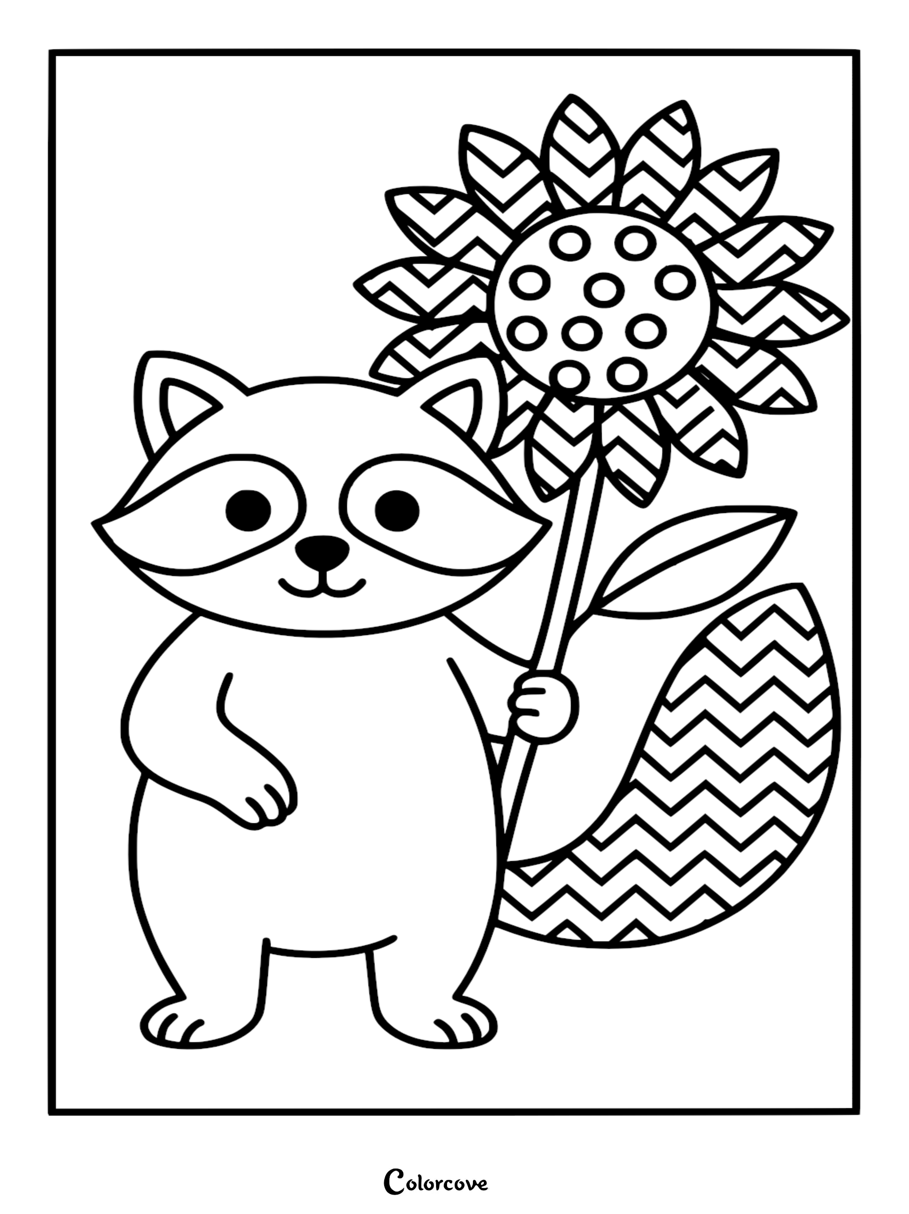 A detailed line art coloring page of a standing raccoon holding a large sunflower with chevron zigzag patterns on the petals and tail.