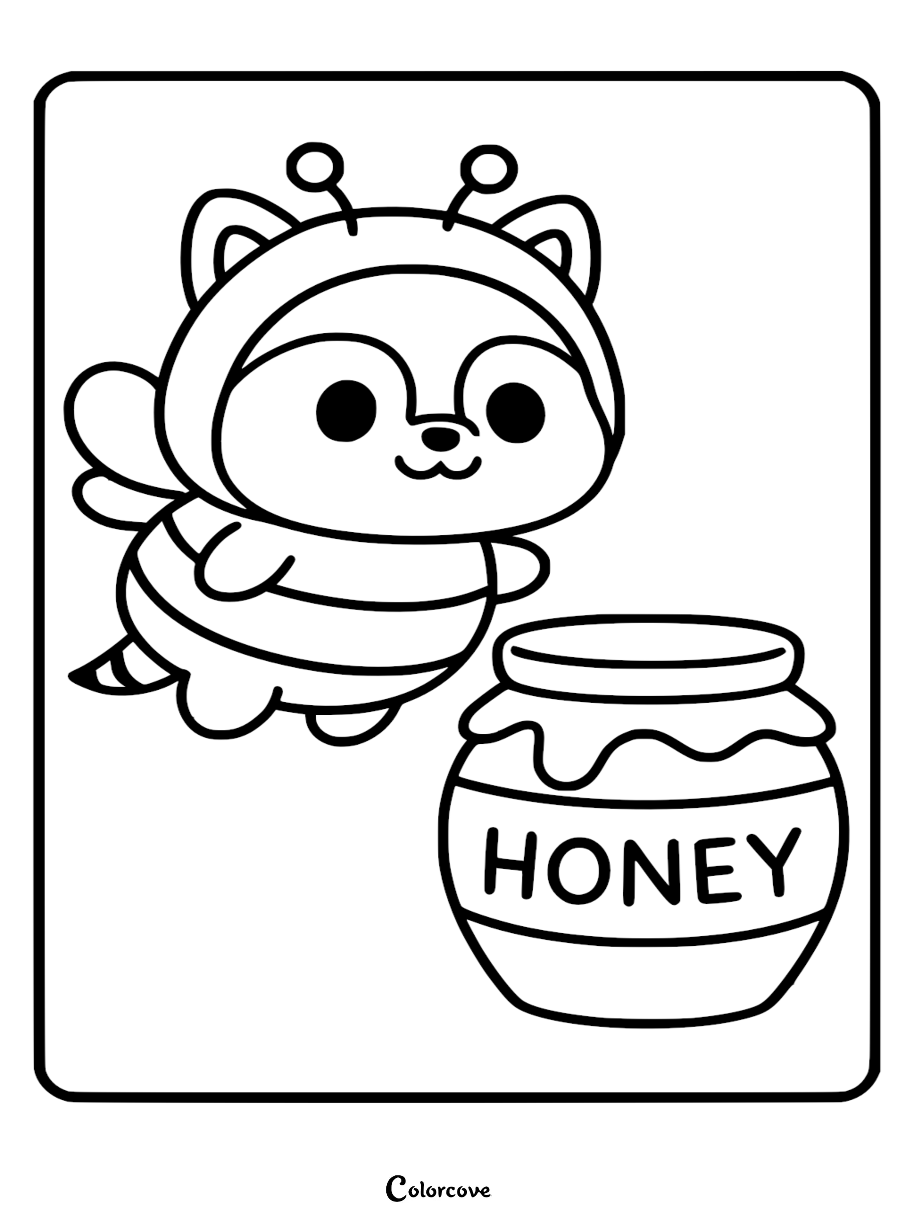 Line art coloring page of a cute raccoon wearing a bumblebee costume with wings and antennae flying toward a honey jar.
