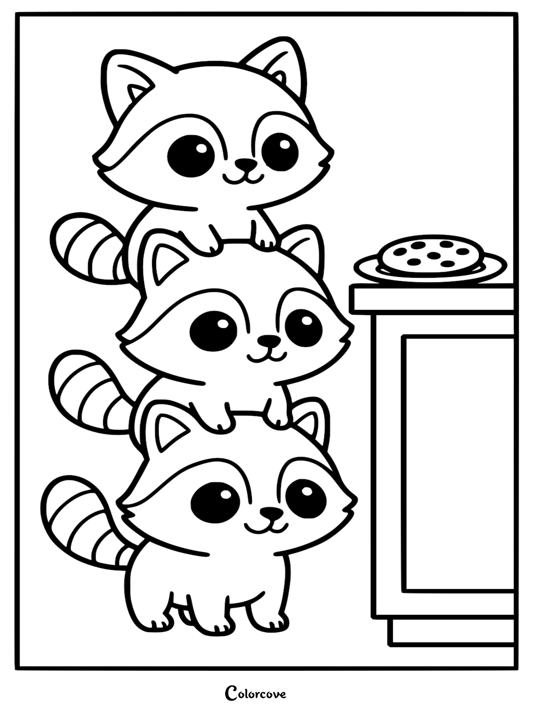 A detailed line art coloring page of three cute raccoons stacked on top of each other reaching for a chocolate chip cookie on a kitchen counter.