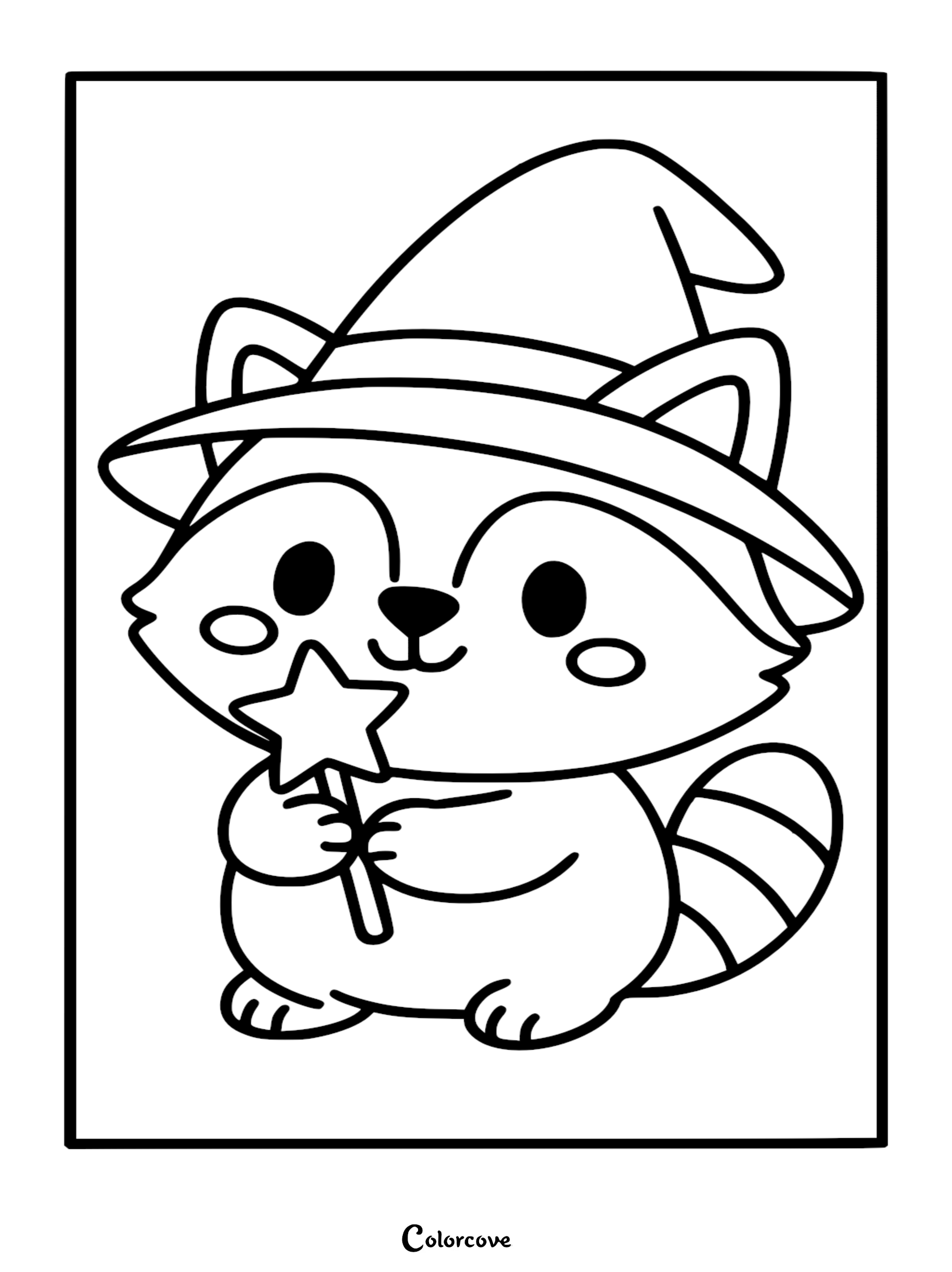 Simple black and white line art coloring page of a cute raccoon wearing a wizard hat and holding a star-tipped wand.