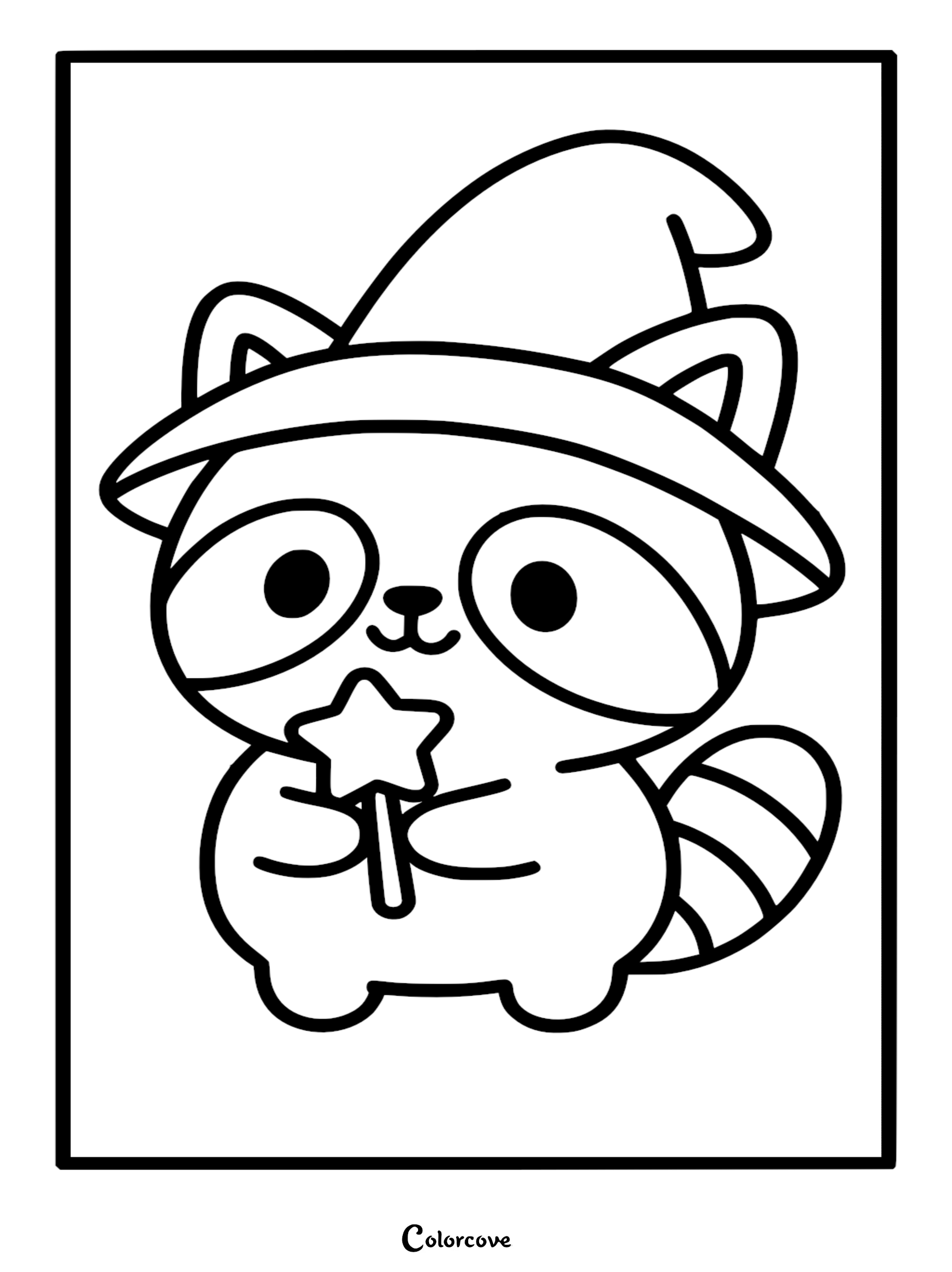 Simple line art coloring page of a cute baby raccoon wearing a floppy wizard hat and holding a star-tipped magic wand with a striped tail.
