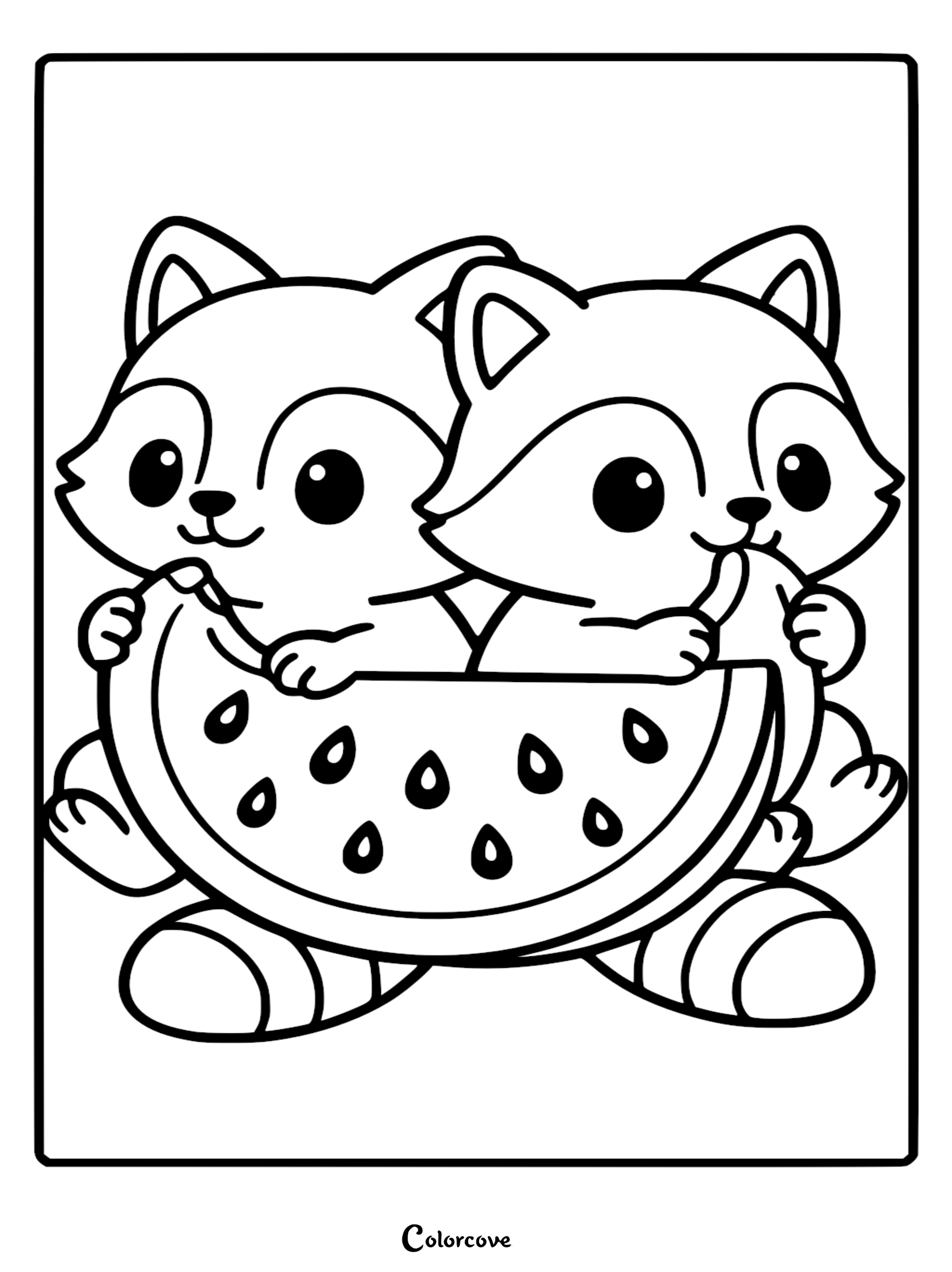 A detailed coloring page featuring two cute baby raccoons with big eyes and striped tails sharing a large slice of watermelon with teardrop seeds.