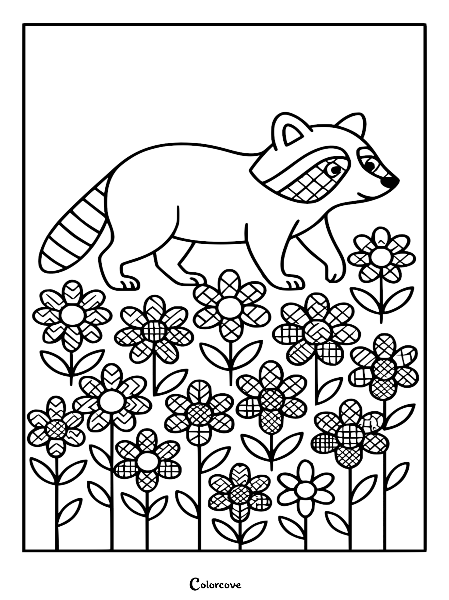 Simple black and white raccoon coloring page featuring a raccoon with a cross-hatched eye mask walking through a field of patterned, geometric flowers.