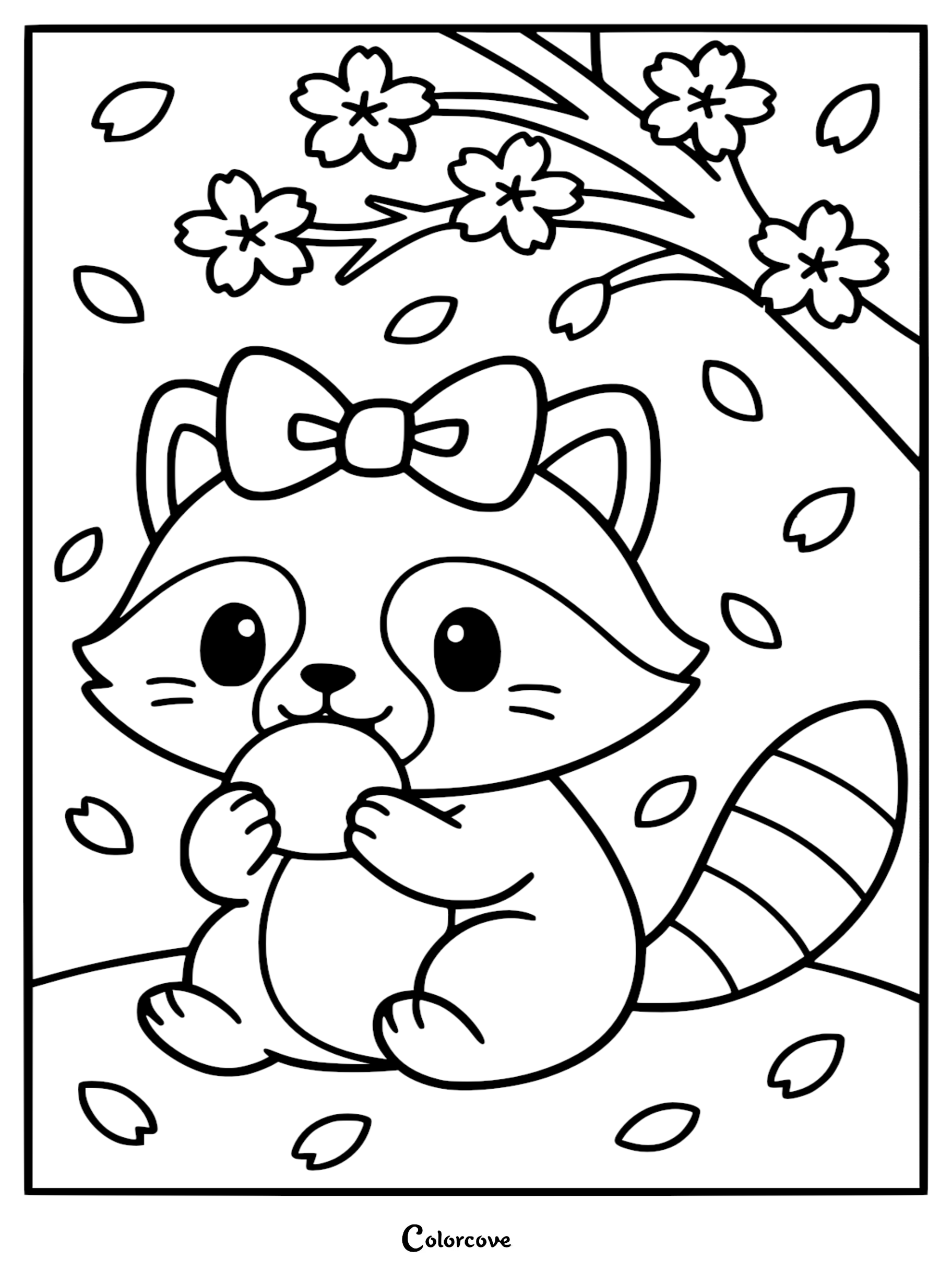 Detailed coloring page of a cute baby raccoon wearing a hair bow, sitting under a blooming cherry tree with falling petals while holding fruit.