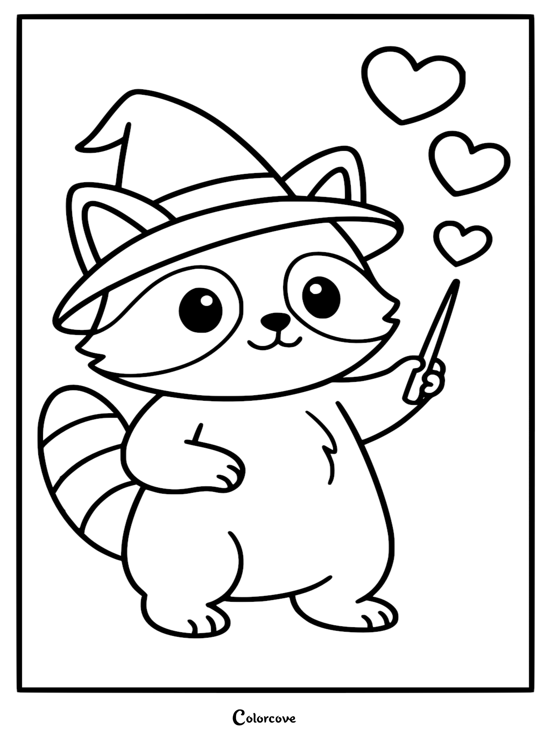 Simple line art coloring page of a cute raccoon wearing a wizard hat and holding a magic wand casting heart shapes.