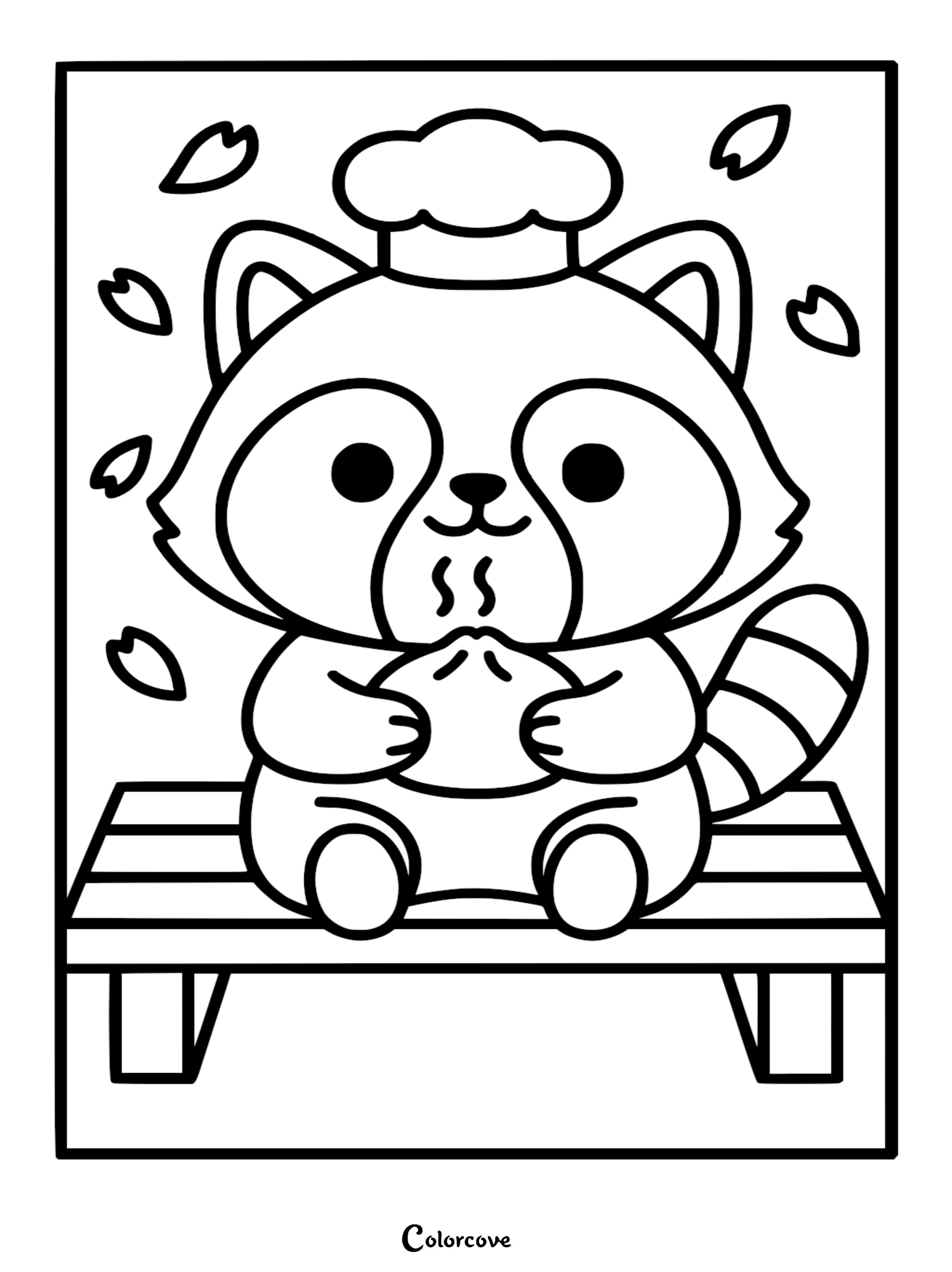 Detailed coloring page of a cute raccoon wearing a chef hat, holding a steaming bao bun while sitting on a slatted wooden bench amidst falling petals.