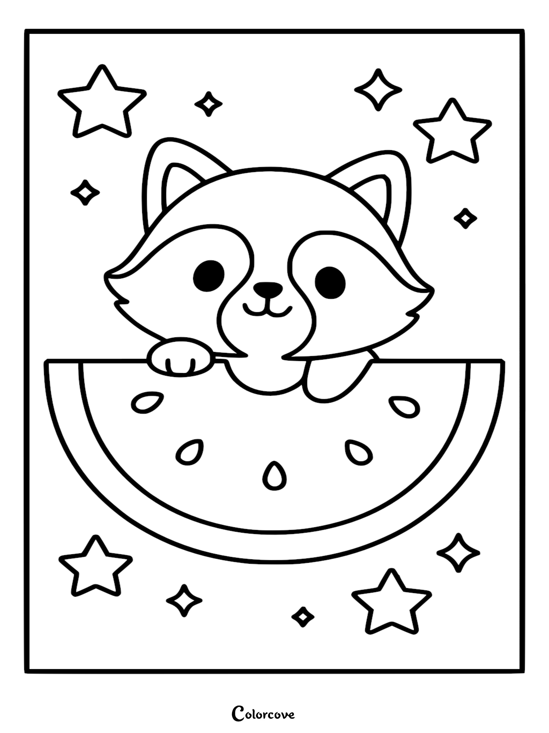 A simple line art coloring page of a cute raccoon peeking over a large watermelon slice with seeds, surrounded by stars.