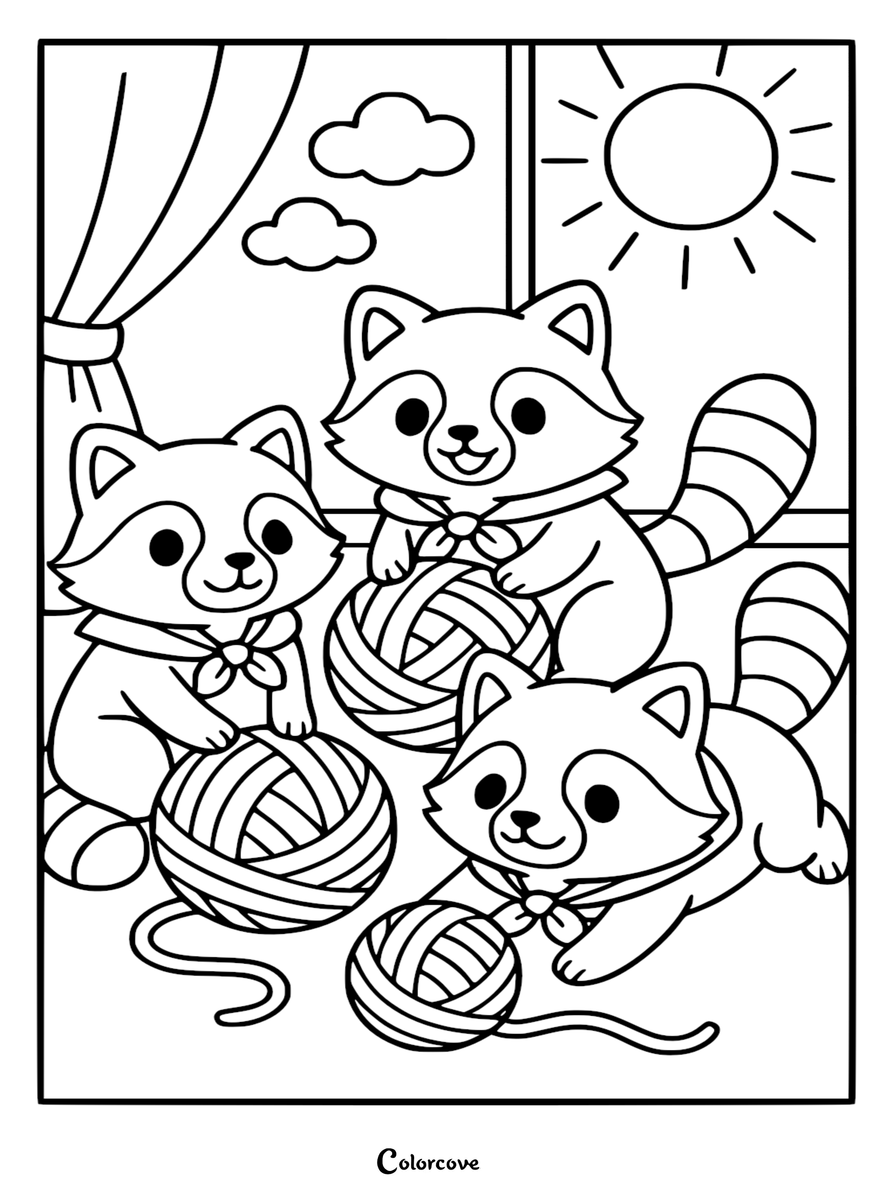A detailed raccoon coloring page featuring three cute raccoons with neck scarves playing with striped yarn balls in a room with a sunlit window and curtains.