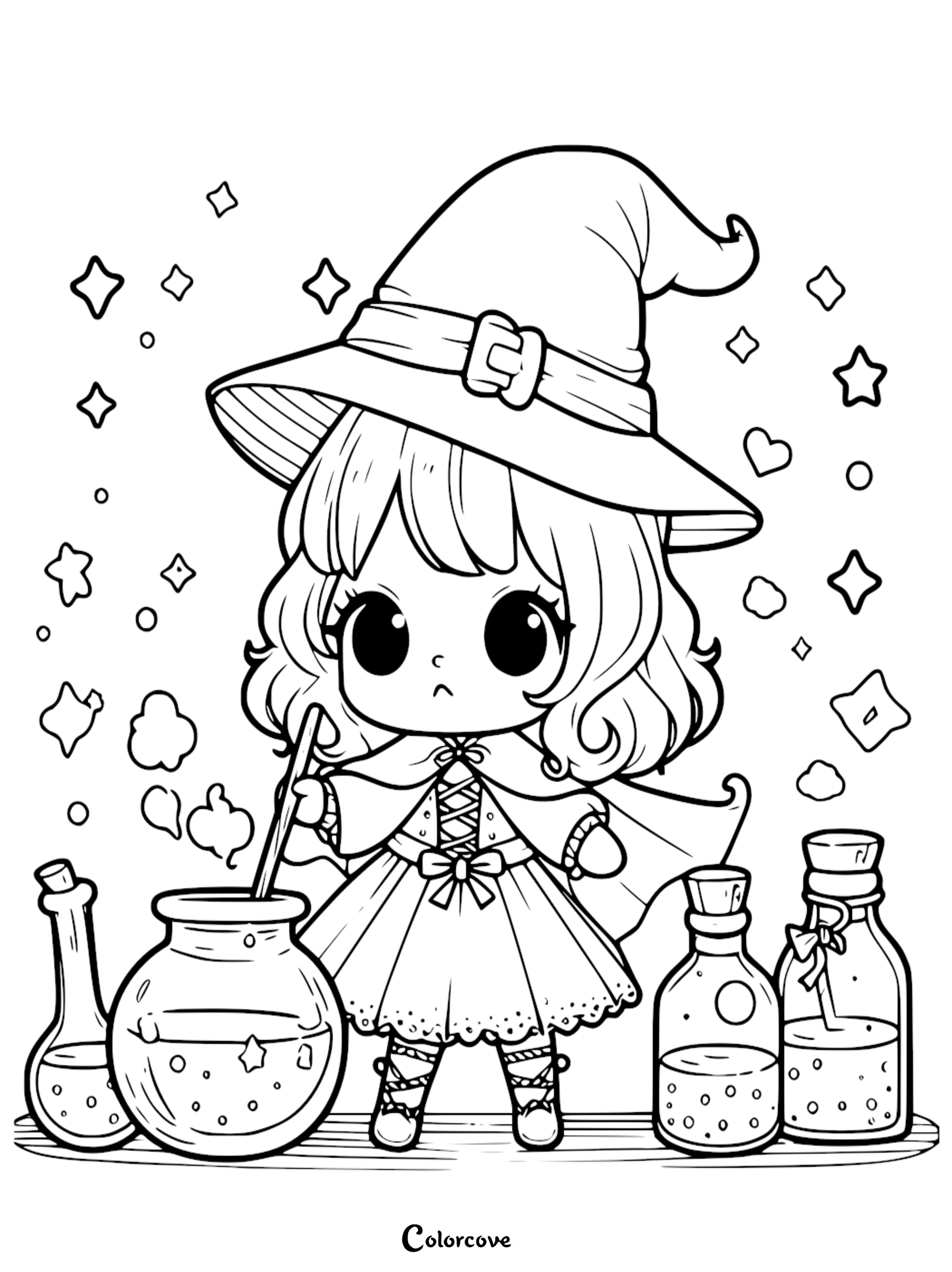 A cute witch character in a large brimmed hat stirring a bubbling cauldron surrounded by magical floating stars and potion bottles, black and white coloring page style.