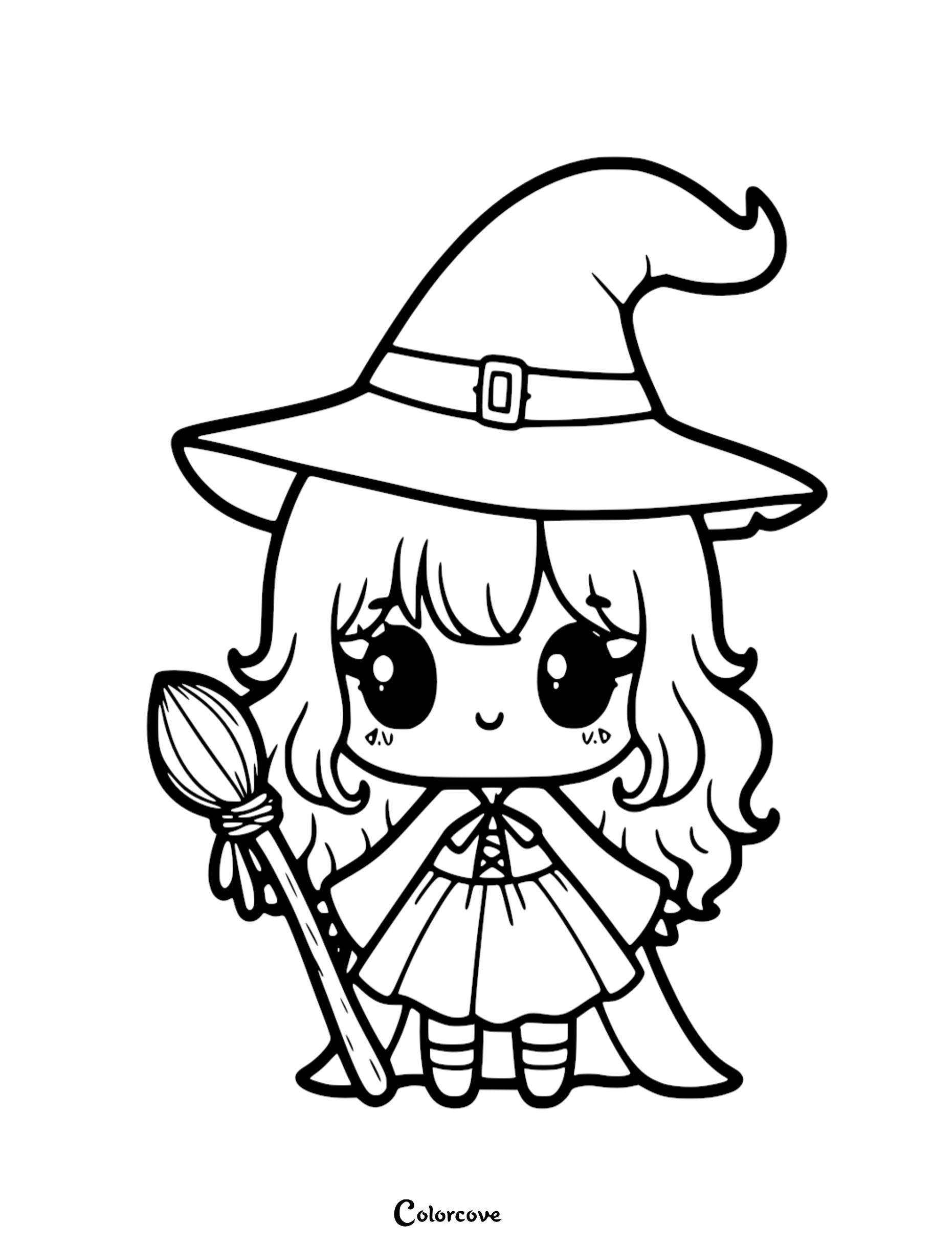 A cute chibi witch wearing a large pointed hat and holding a broomstick, line art coloring page.
