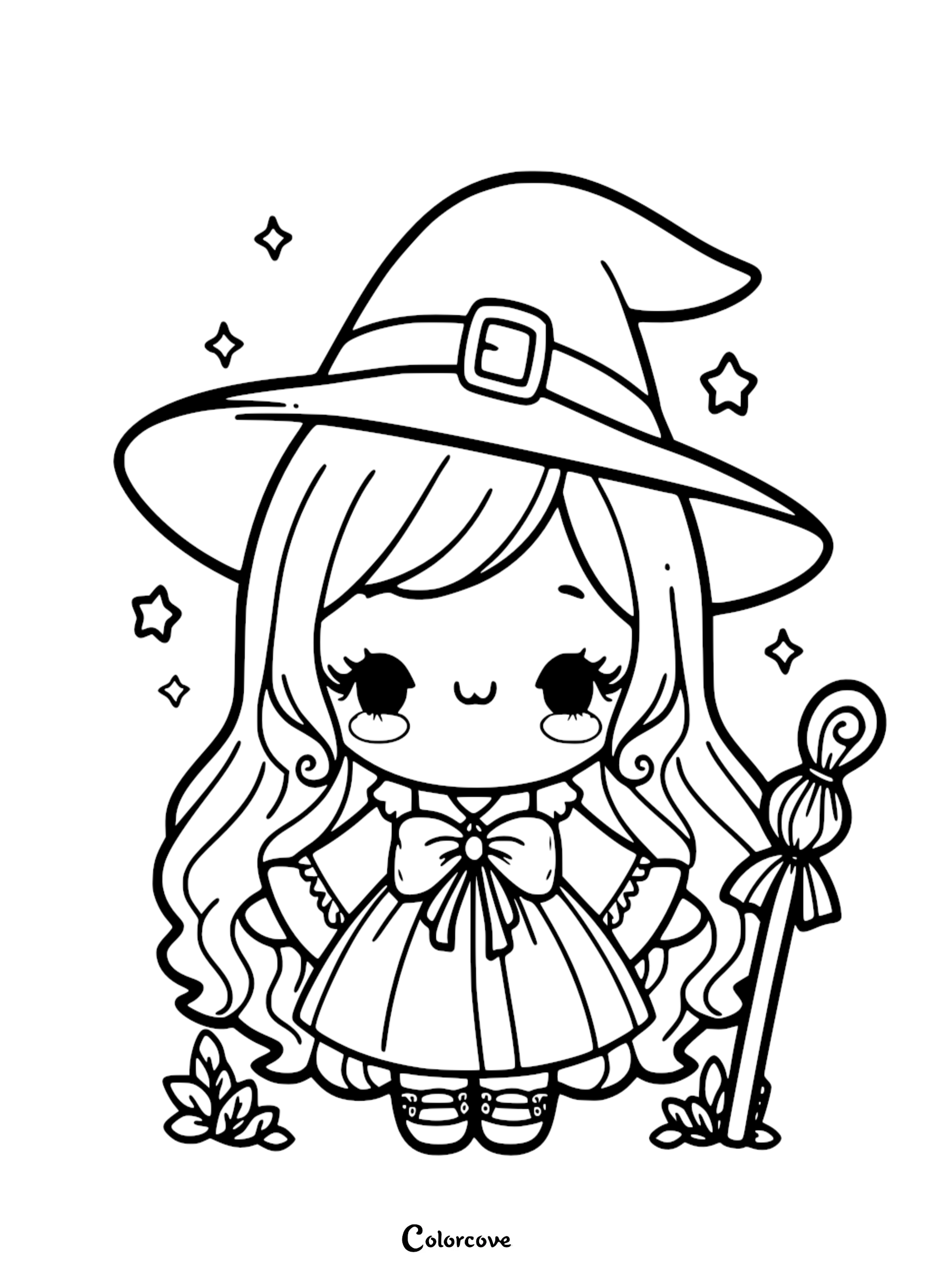 A cute chibi witch with long wavy hair, a buckled hat, and a magical wand, shown in a simple line art coloring page surrounded by stars and leaves.
