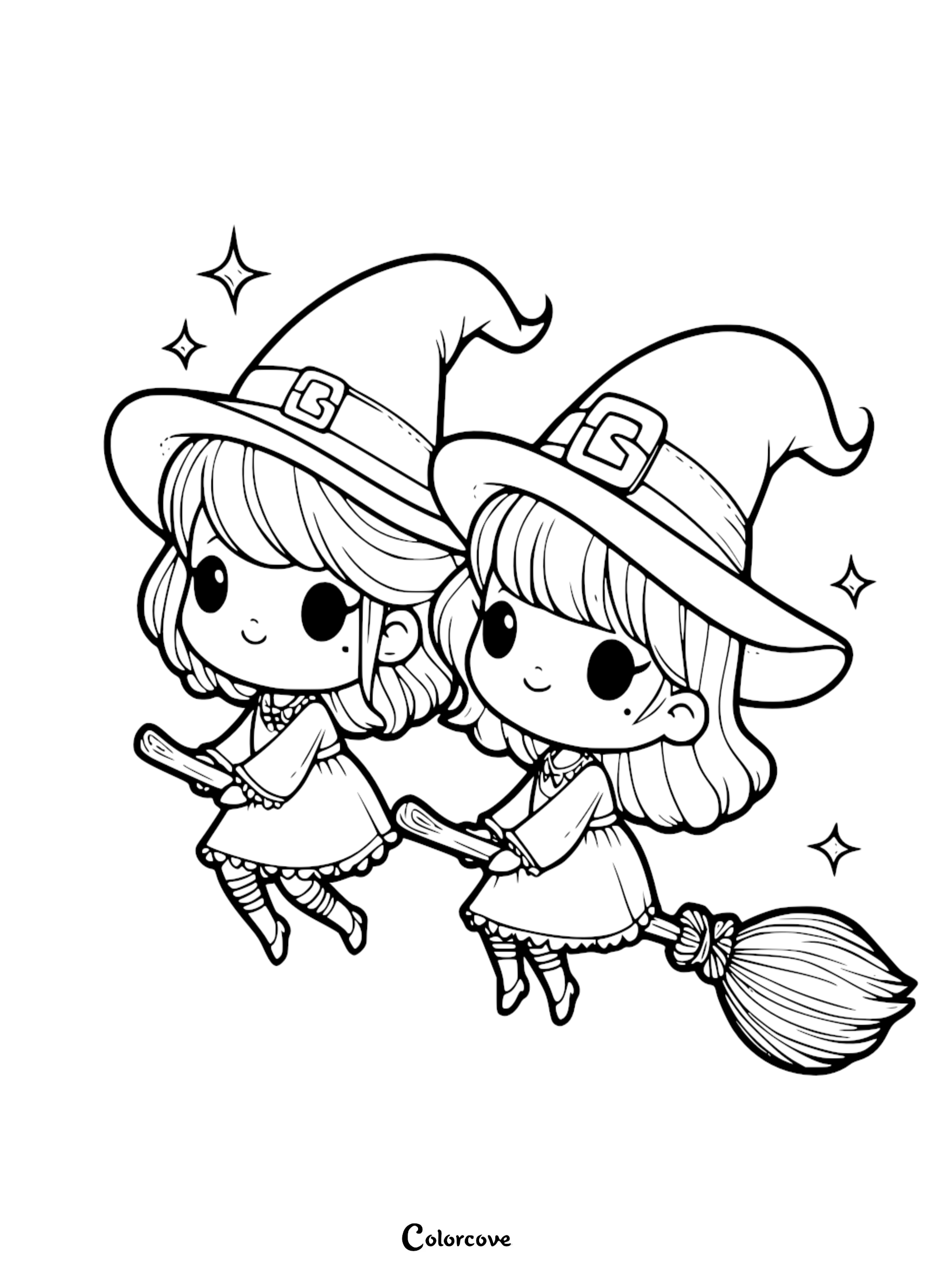 Two adorable chibi witches with oversized hats flying on magical brooms, illustrated as a cute witch coloring page.