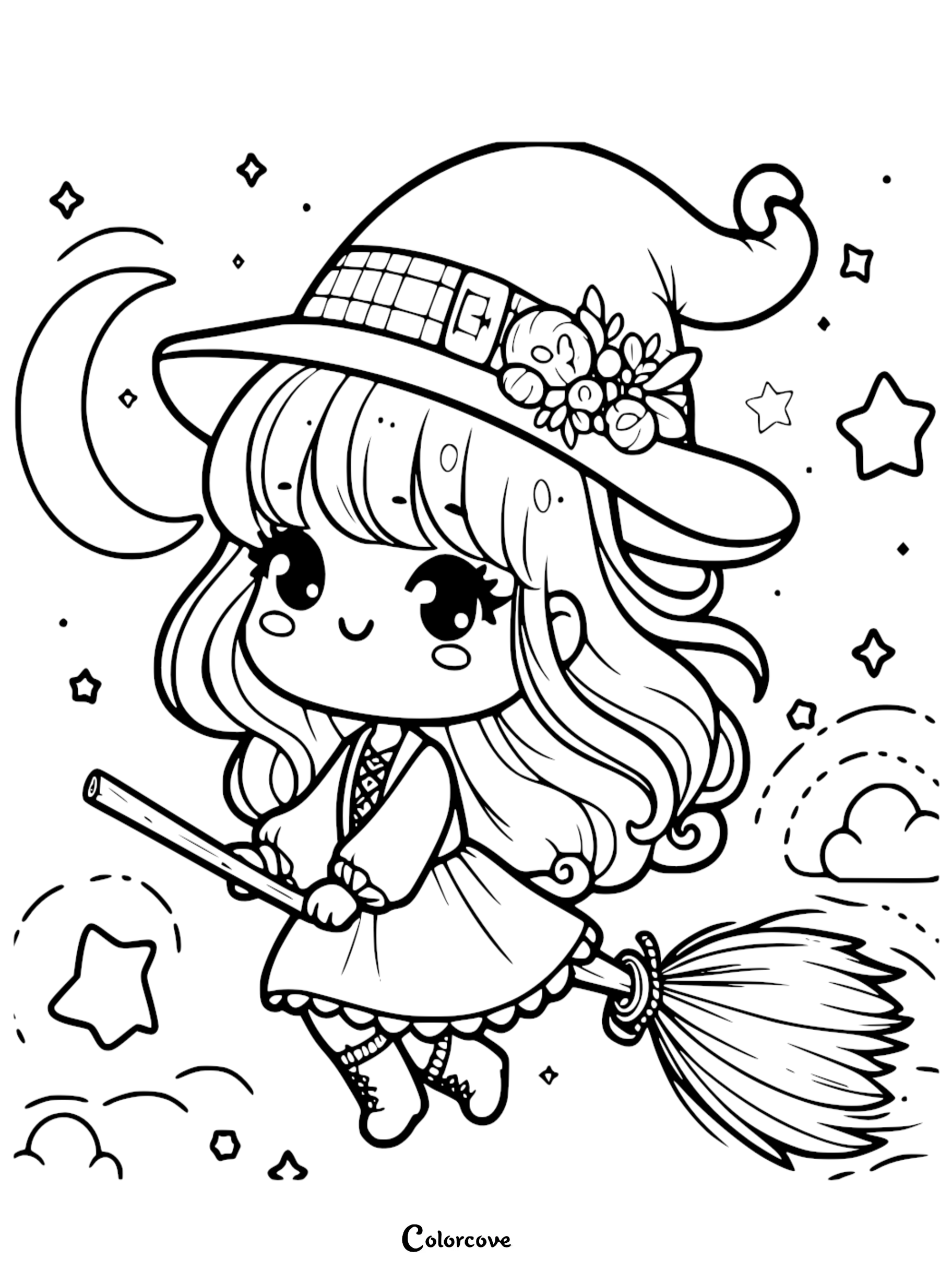Cute chibi witch coloring page featuring a girl with long hair, wearing a flower-adorned pointed hat, flying through a starry night sky on a broomstick.