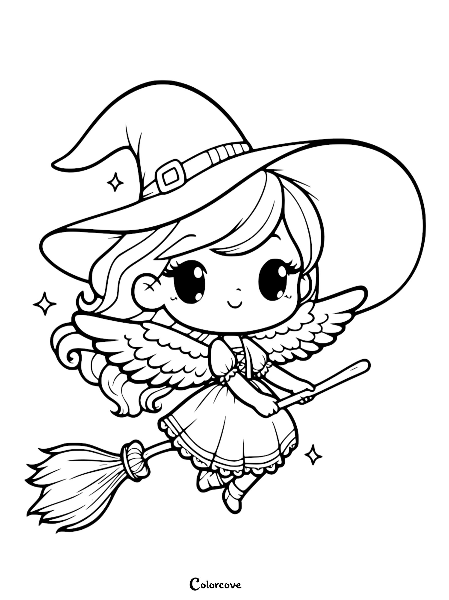 Kawaii anime style cute witch with feathered wings riding a magic broomstick, coloring page design with sparkling stars.