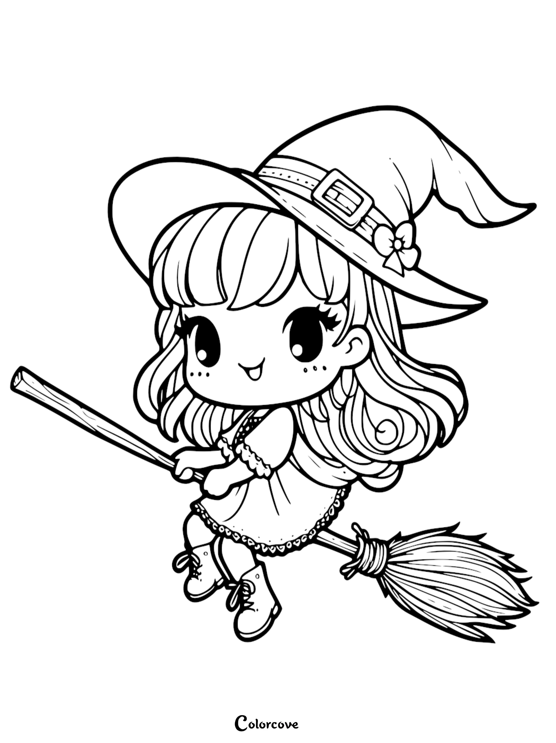 A cute witch with big eyes wearing a buckle hat flying on a broomstick, line art coloring page.